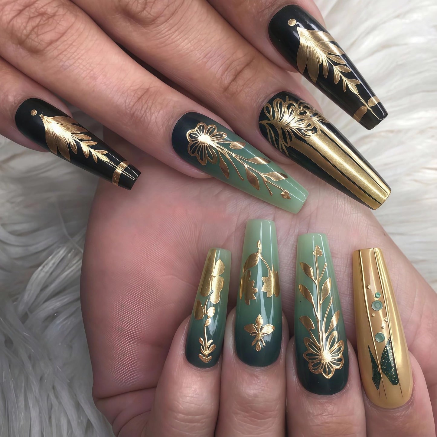 MERVF 24Pcs Long Coffin Press on Green Gold Fake Nails with Flower, Leaf Design Luxury Glue ons Acrylic Glossy Finish Manicure