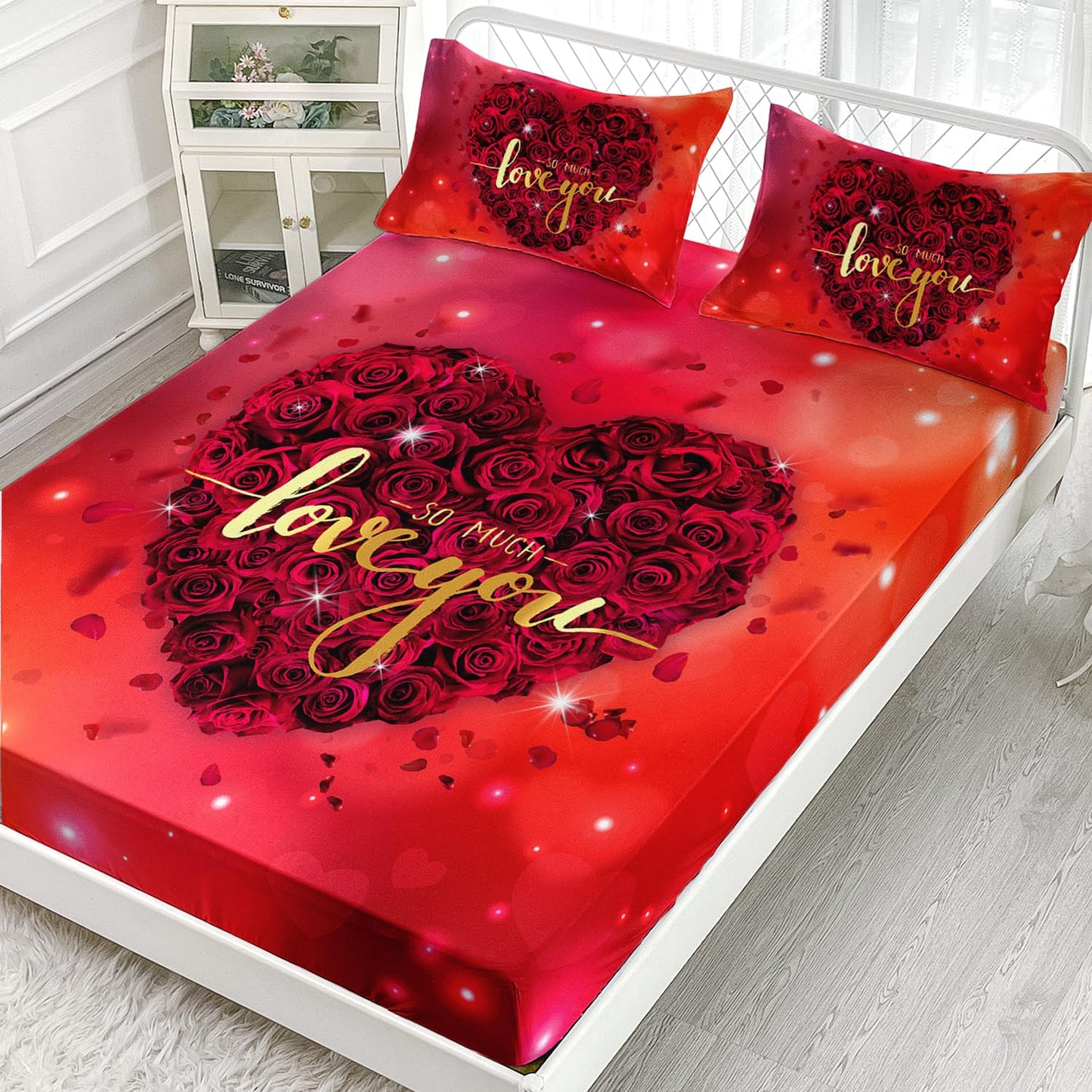 AILONEN Red Rose Fitted Sheet Set Queen Size, 3D Red Flowers Bed Sheet Set,Rose Hearts Sheet Sets,Valentine Glitter Fantasy Hearts Sheet 3 Pieces, 1 Fitted Sheet and 2 Pillowcases