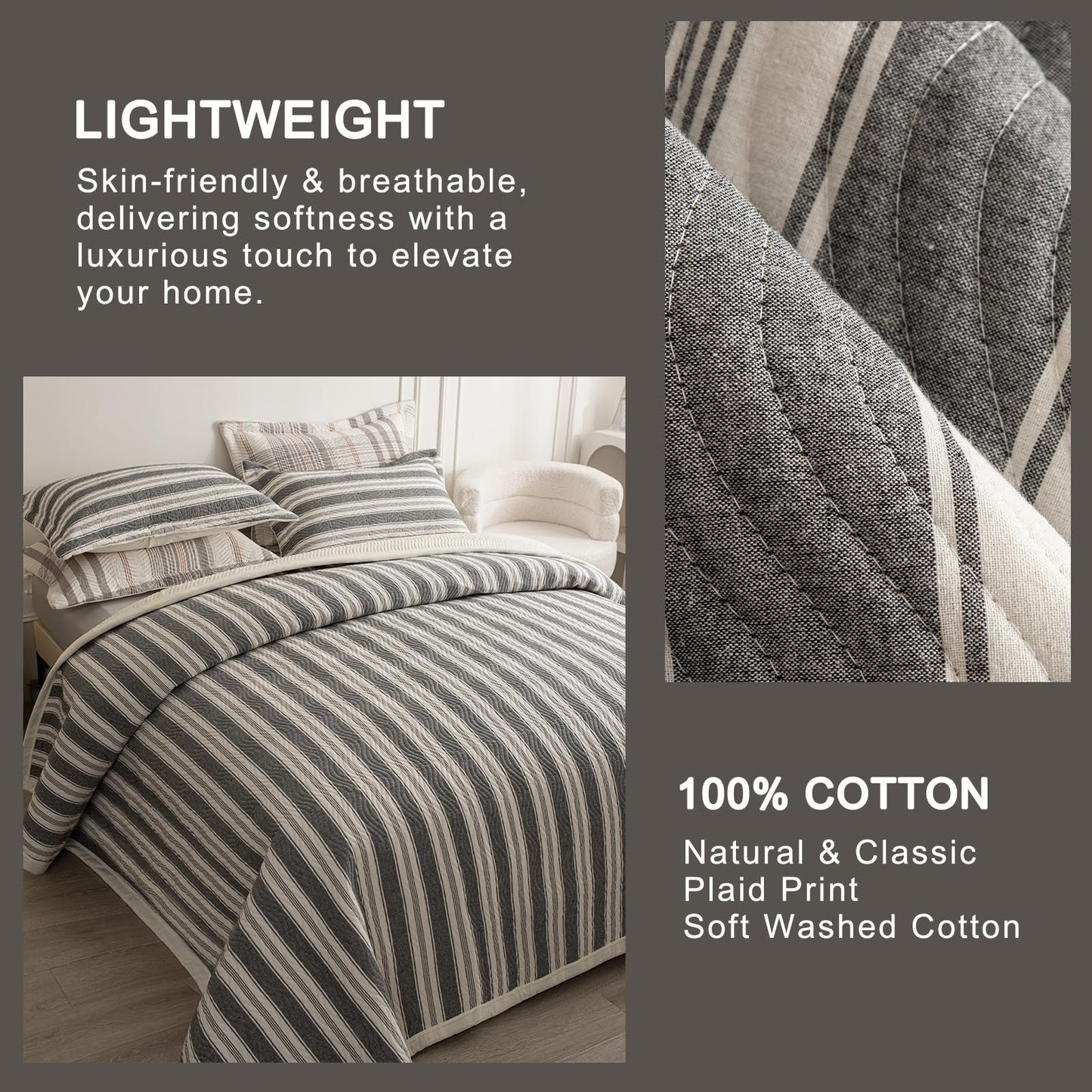 tohrisa Cotton Striped Quilt Set, Ultra Soft 3 Pieces King Size Bedding with 2 Pillow Shams, Lightweight Reversible Coverlet Bedspread with Wave Quilting for Summer, 108"x96", Stripe-Grey White