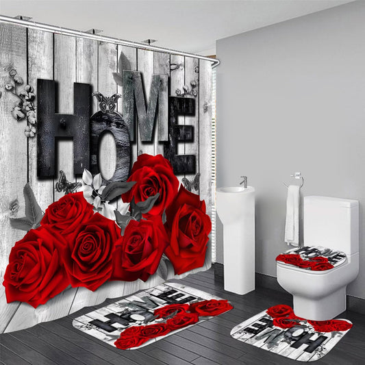 Yddsky Red Rose Valentines 4 Pcs Shower Curtain Sets Non-Slip Rugs Bath Mat Toilet Cover U Shaped Mat Romantic Red Bathroom Decor with 12 Hooks Valentines Day Bathroom Set