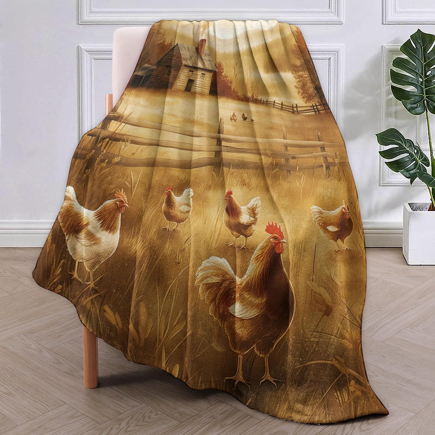 Roosters and Chickens Blanket Gifts for Kids Adults Soft Warm Lightweight Cozy Autumn Farmhouse Rustic Animal Throw Blankets for Bed Living Room Sofa Travel Home Decor 50"x60"