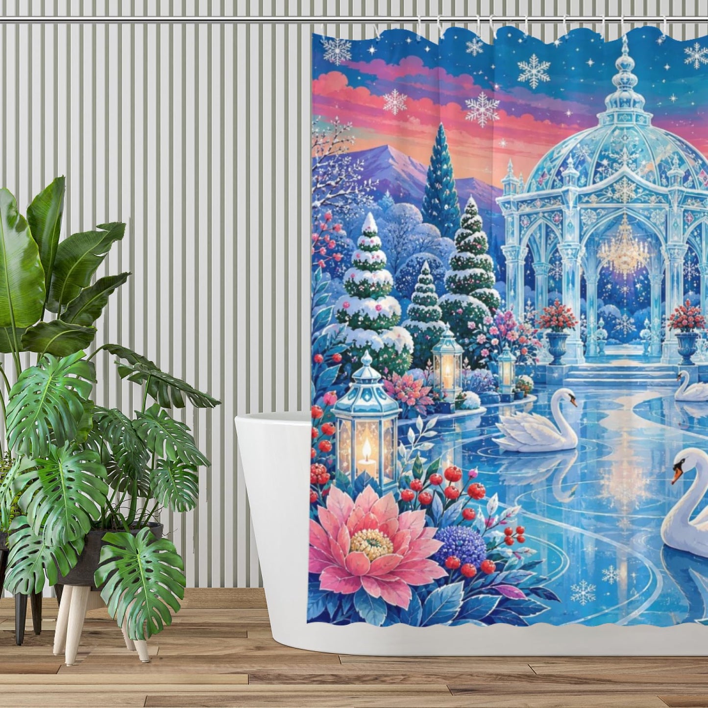 REZHOCH Frozen Swan Palace Shower Curtain 72x72 Inch,Ice Pavilion with White Swans Snowy Garden Lanterns Winter Fantasy Bathroom Decor,Bath Set with Hooks