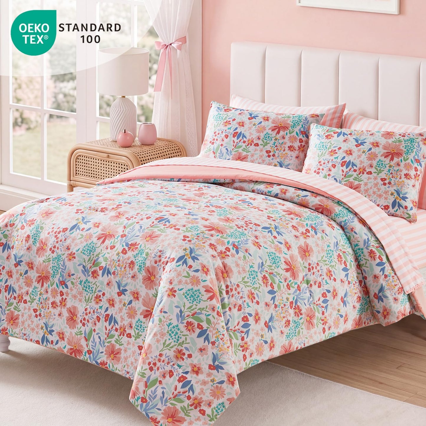 AMBERSPACE Twin XL Comforter Set for Girls, Pink Floral Garden Bedding Set, All Season Kids Bed in a Bag Dorm 5 Pieces with Sheets, Pillowcase & Sham