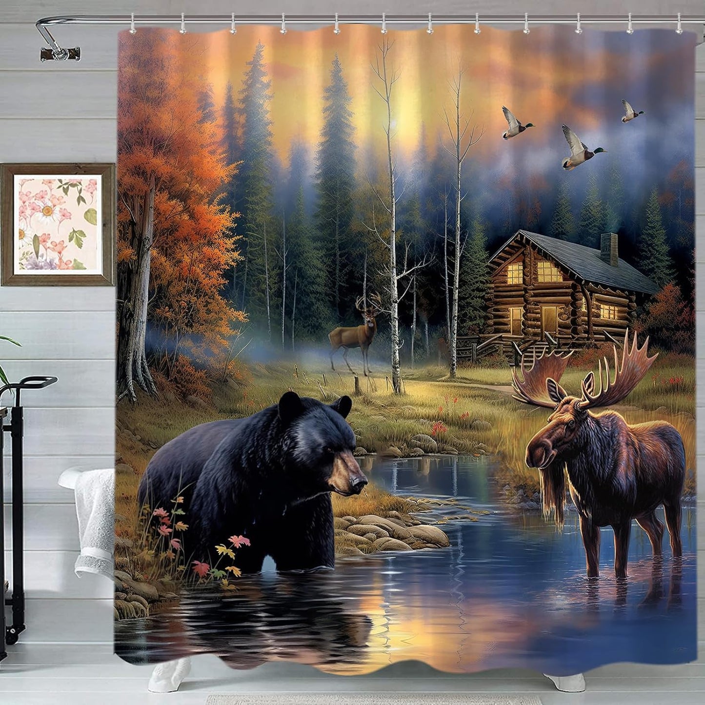 Sanzugh Rustic Bear Shower Curtain, Country Moose Deer Cabin Fabric Shower Curtains Set for Bathroom Lake Lodge Duck Farmhouse Decoration with Hooks 60 X 72 inch Bath Decor