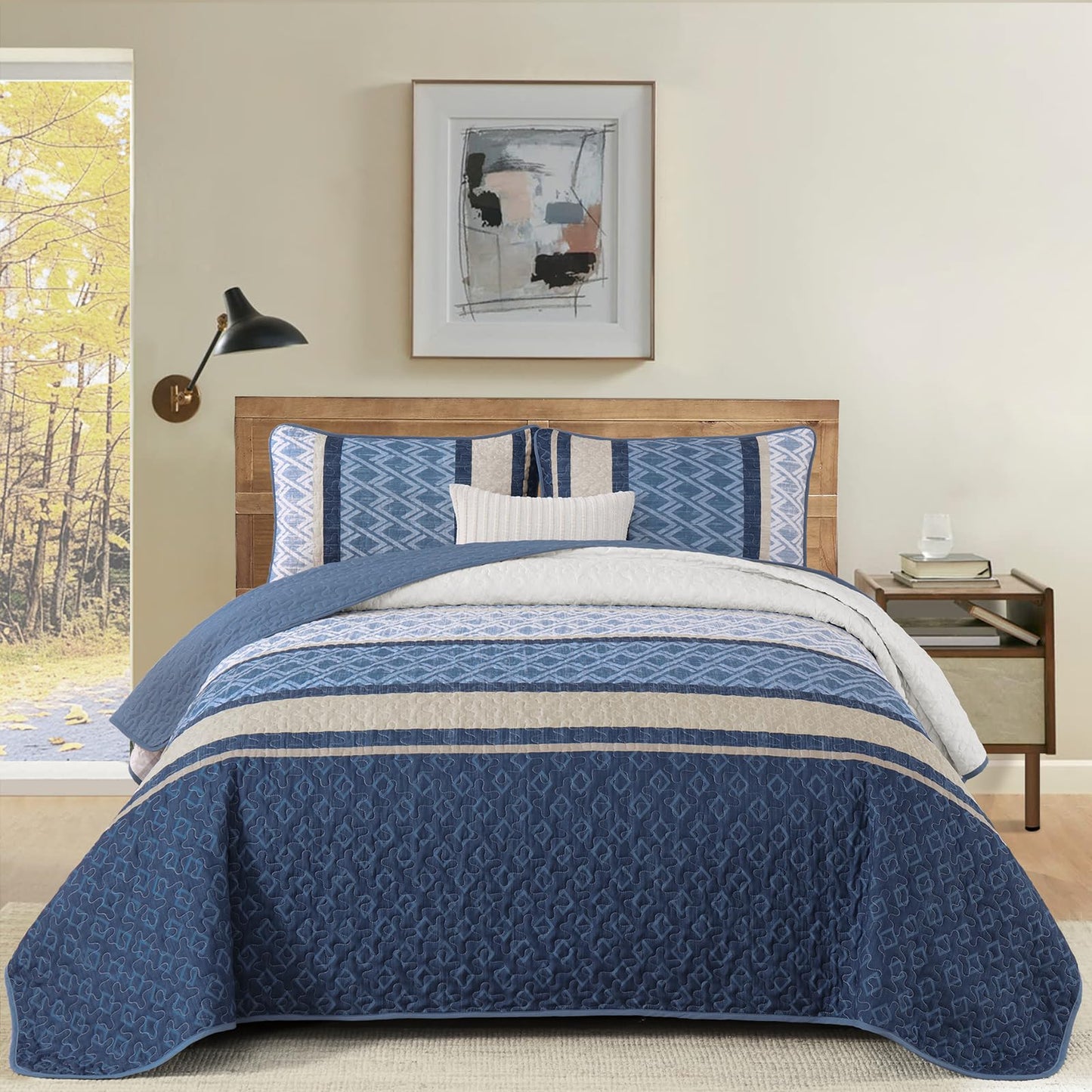 Dinjoy Boho Queen Quilt Set, Blue Striped Bedspread Queen Size,Navy Blue Bedding Sets 3 Pieces Micofiber Lightweight Fall Quilts with 2 Pillow Shams Coverlet Bed Sets for Women Men 96''x90''