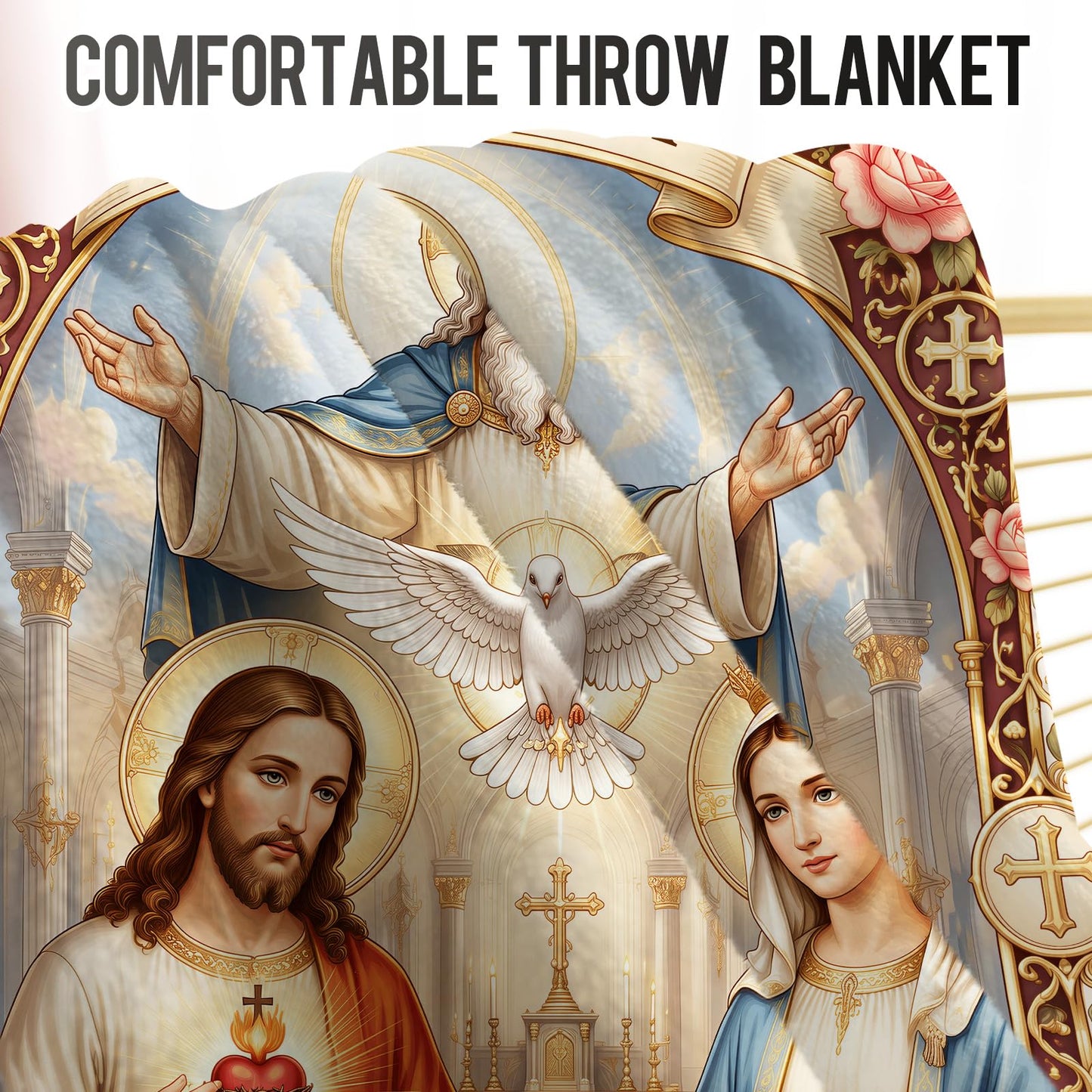 Levens Christian Holy Trinity Flannel Throw Blanket 50x60 | Sacred Heart Jesus Mary Religious Blanket for Christian Gift, Chapel, Prayer Room, Meditative Devotional Decor, Spiritual Blessing Gift