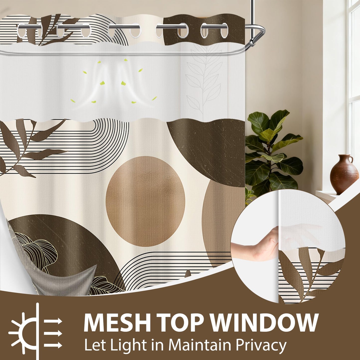 Hookless Shower Curtain with Snap-in Liner, Brown and Beige, 71" W x 74" L