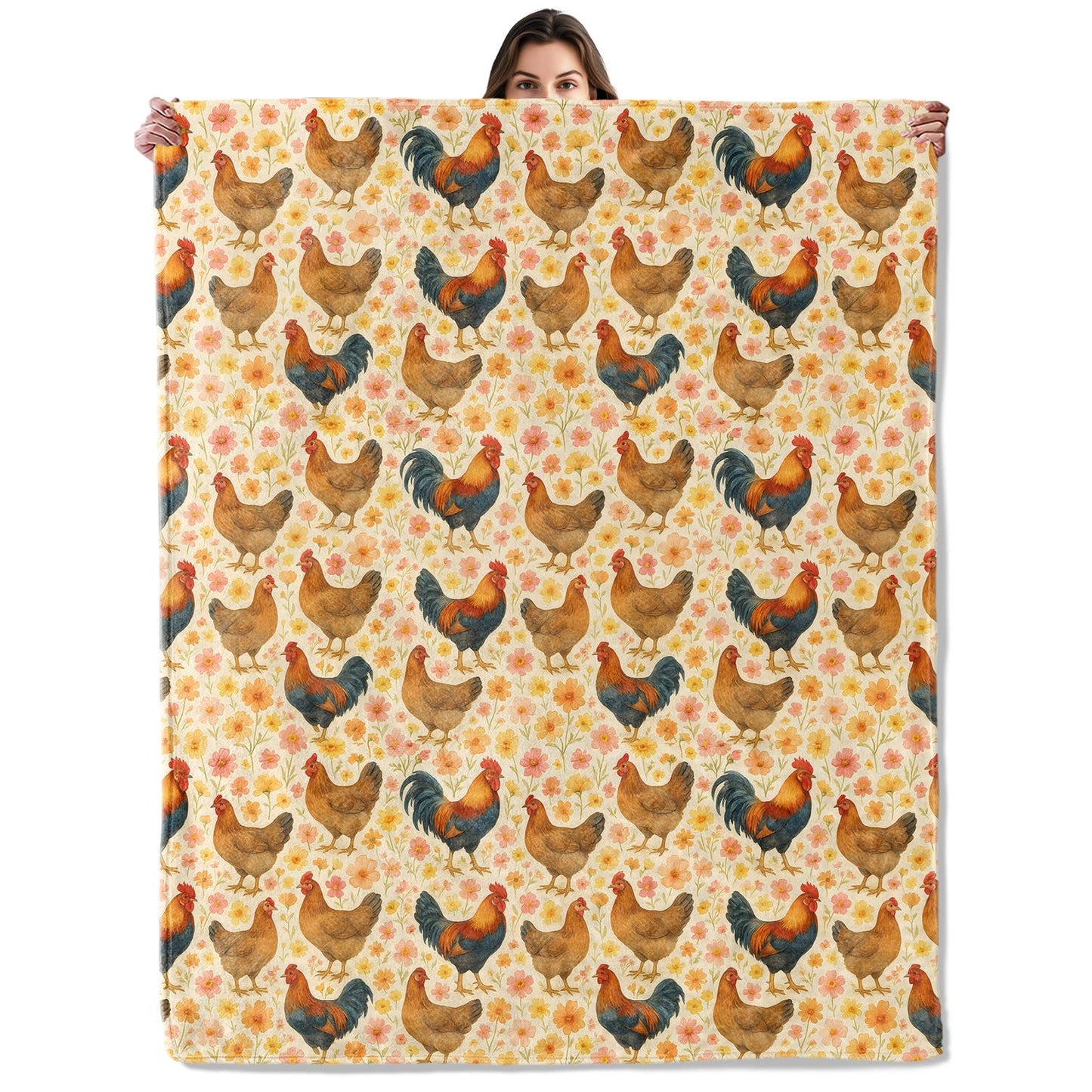 Rooster and Hen Pattern Throw Blanket for Boys Girls Kids Adults, Cozy Farm Animal Chicken Theme Flannel Blankets Gifts for Camping, Bedroom, Couch, Room Home Decor, 50"x60"