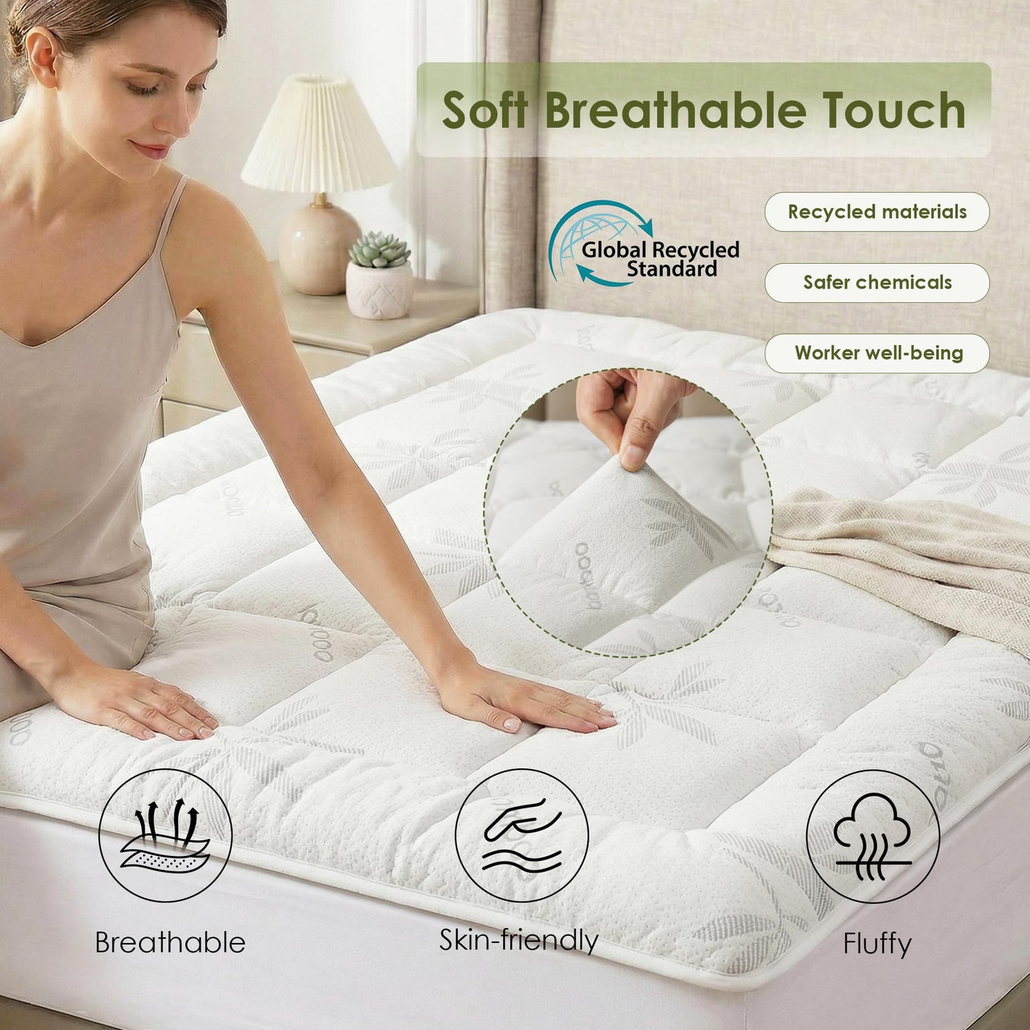 TREEFAIRY King Size Mattress Topper - Rayon Made from Bamboo Thick Pillow Top Mattress Pad with Stretchable Pockets for 6-16 inches Mattress, Light Grey