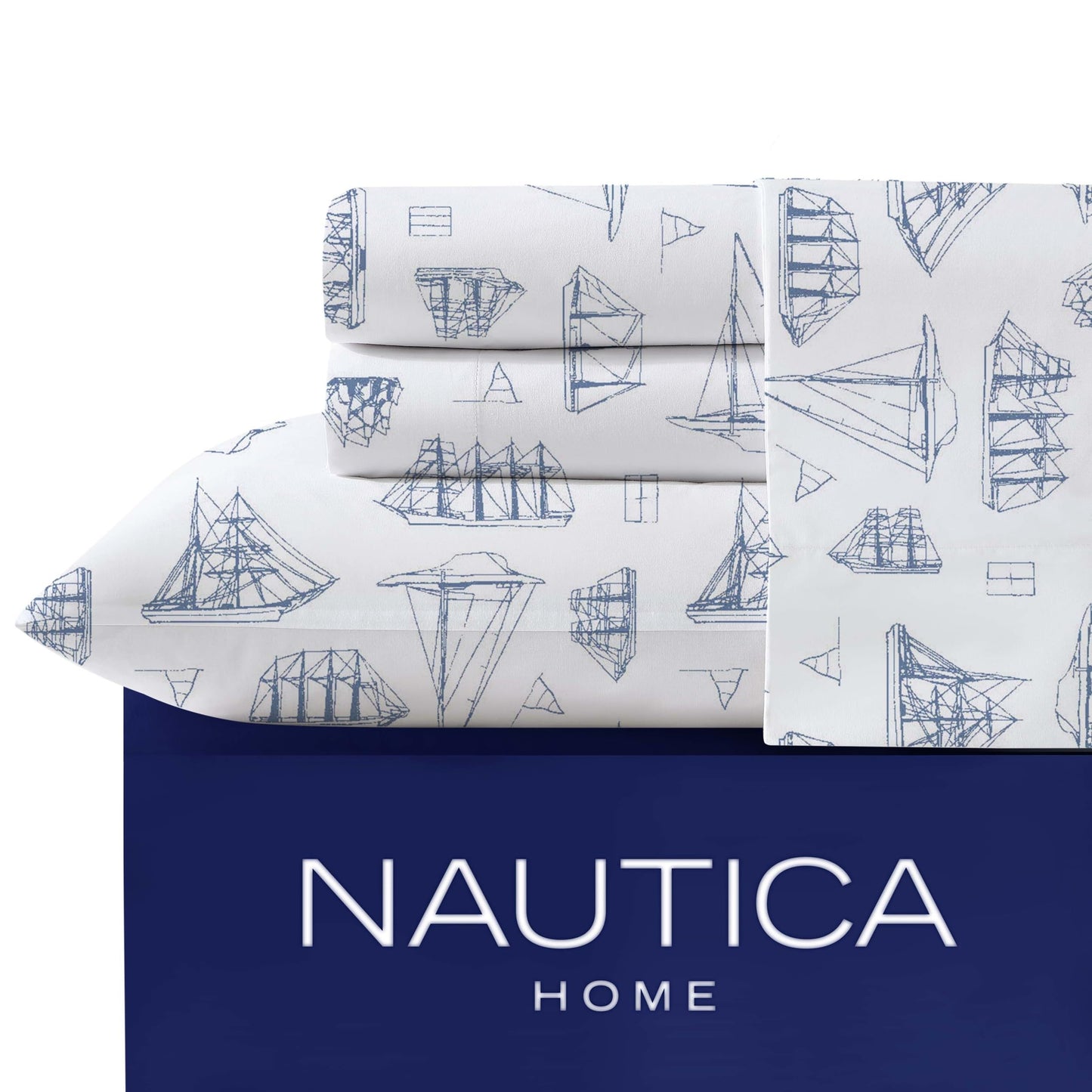 Nautica – Full Size Sheet Set, Crisp Cotton Percale Bedding with Matching Pillowcases, Lightweight & Breathable Bed Sheets, Deep Pocket, College Dorm Room Essentials (Whitewood Sail Blue)