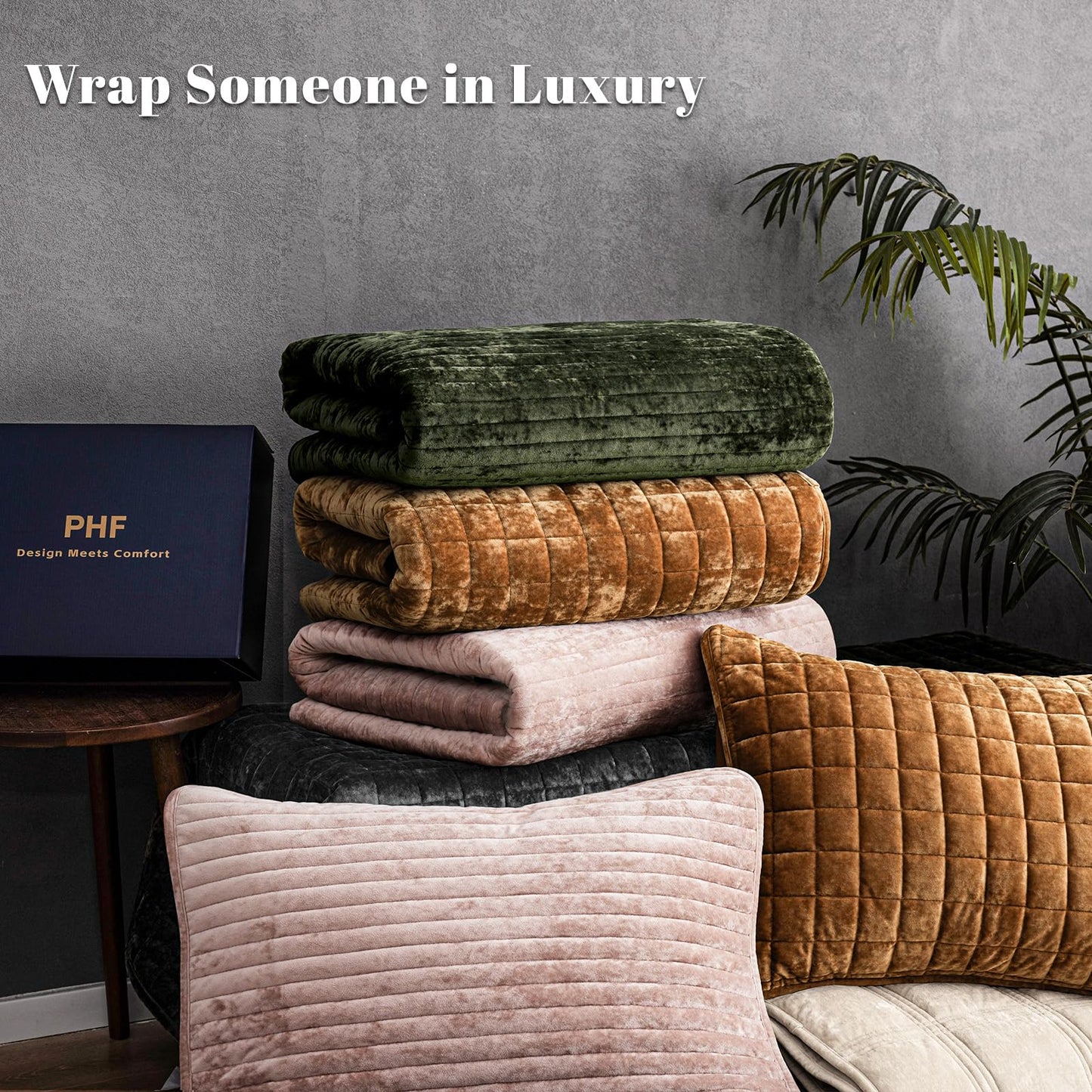PHF Luxury Velvet Quilt Set Queen Size – 3PCS Ultra Soft Quilted Comforter Alternative with Striped Channel, Cozy Quilted Bedspread, 1 Coverlet with 2 Matching Shams, 90" x 92", Smokey Olive