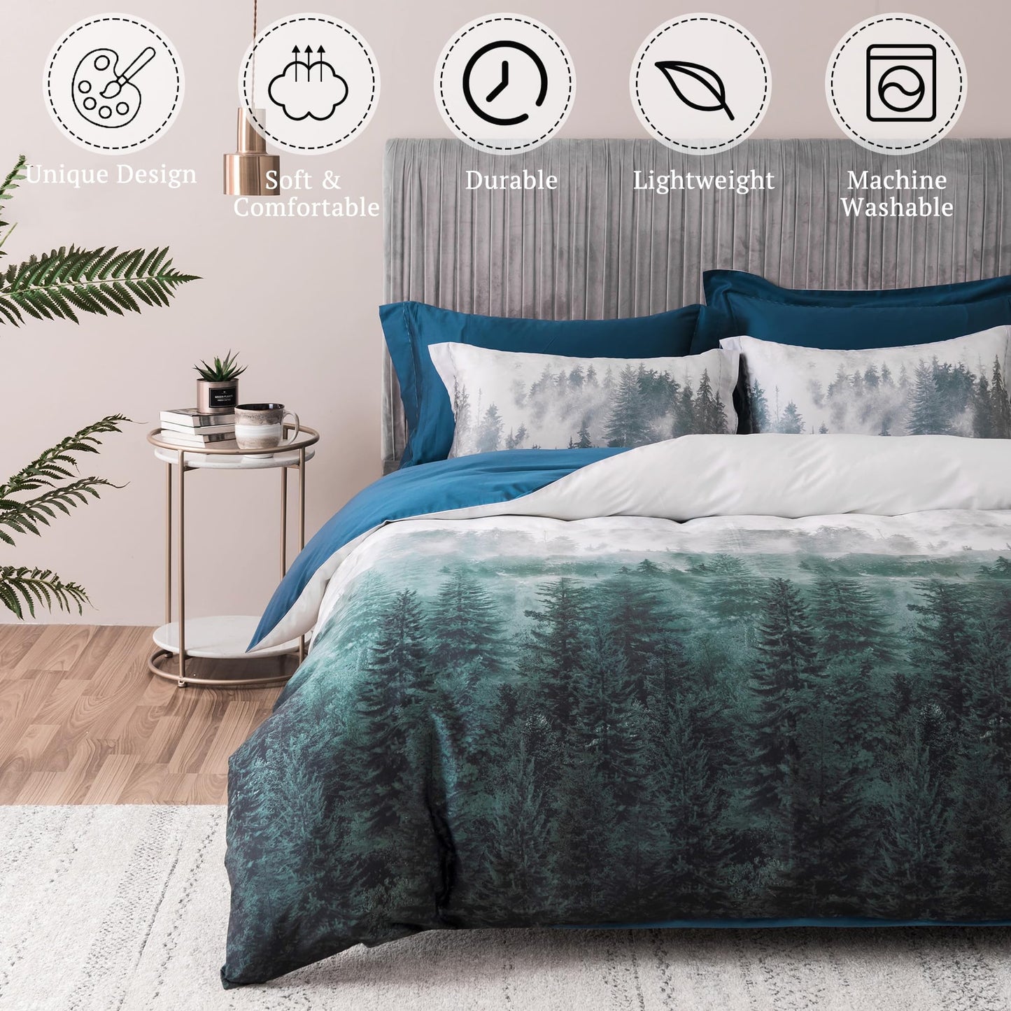 MILDLY 100% Long Staple Cotton Mountain Duvet Cover Set, Blue Green Gradient Trees Pattern Printed Comforter Cover Set