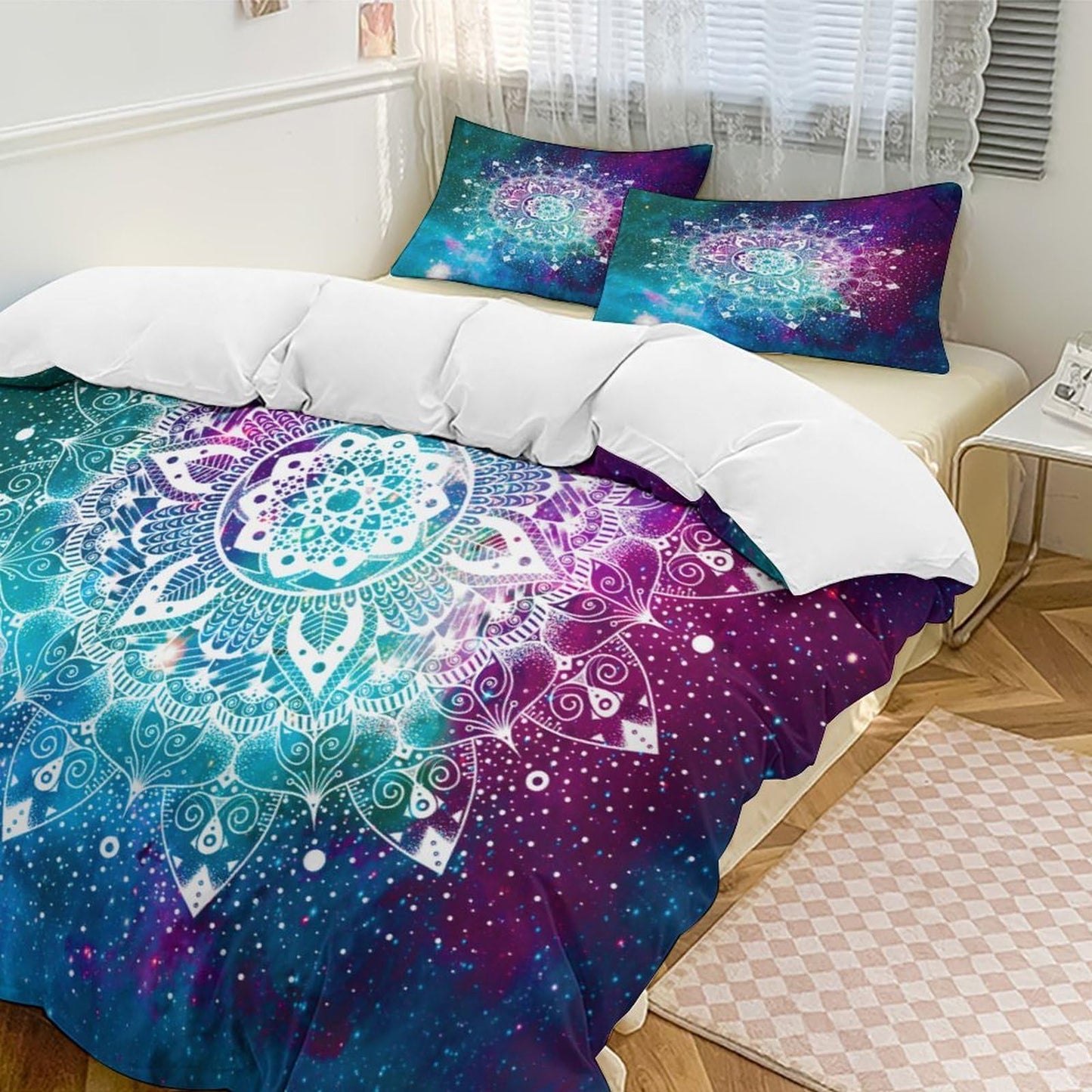 AAVEUP Hippie Comforter Set Boho Mandala Galaxy Space Indian Trippy Aesthetic Purple Blue Printed Bedding Set with 1 Comforter and 2 Pillowcases for Boys Girls Bedroom 79x90in (Without Liner)
