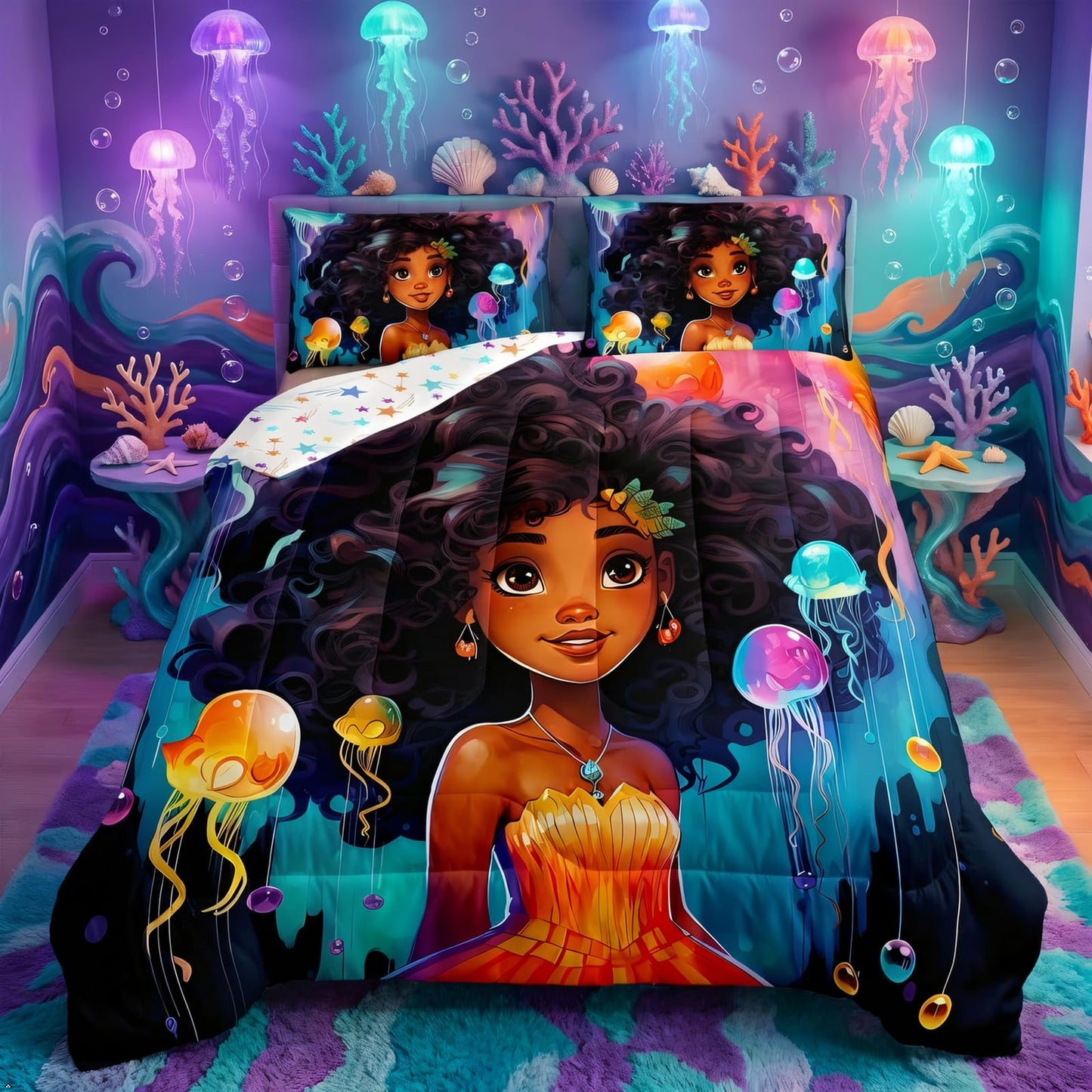 Erosebridal Black Girls Bedding Set Afro Girl Twin Comforter Set for Girls,American African Mermaid Princess Magical Quilt for Toddler Kids Teenager,Jellyfish Kawaii Room Decor