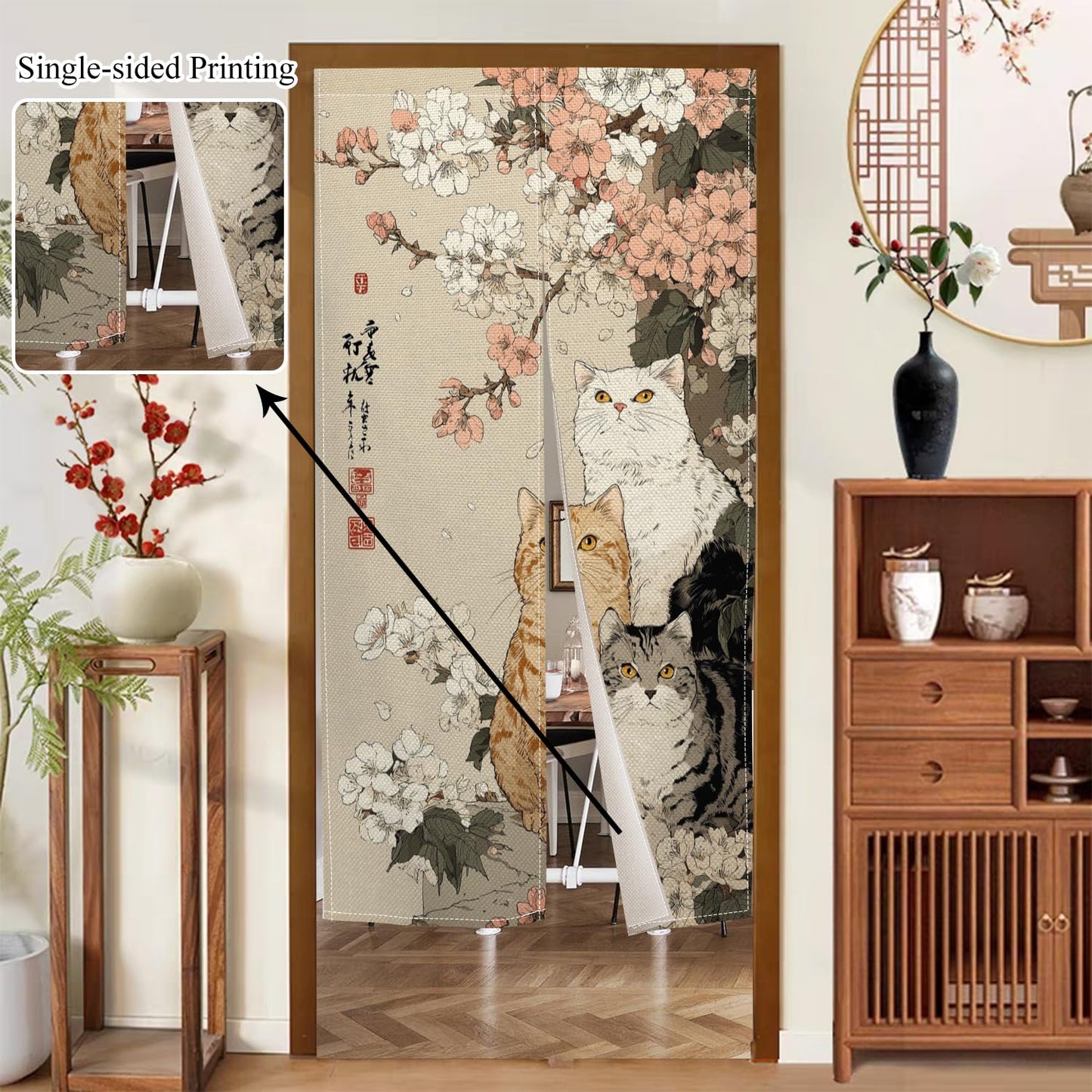 Leowefowa Noren Japanese Doorway Curtain Cat with Cherry Blossom Traditional Chinese Printed Door Curtains Retro Floral Animal Window Treatment Panel for Room Divider Home Kitchen Decor, 33.5x59inch