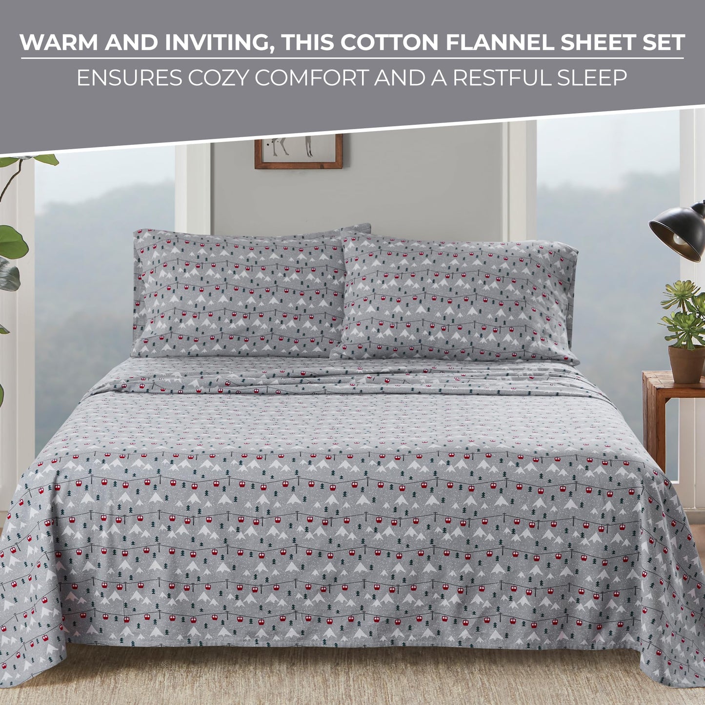 Woolrich Cotton Sheet Set Cottage Charms Print, 100% Cotton Flannel Sheets Warm & Fuzzy Bedding Set Queen Size Sheets, Fitted Pocket Fits Up to 14" Mattress, Queen Grey Ski Jump 4 Piece