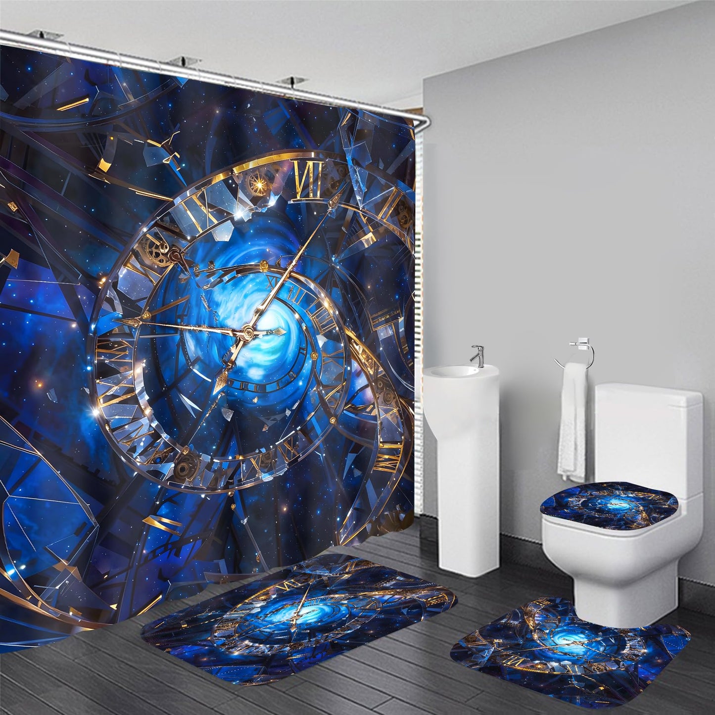 Chrainy 4Pcs Twisted Clock Shower Curtain Set with Rugs Blue Starry Sky Bathroom Decor Set Cosmic Bathroom Set with Shower Curtain and Rugs and Accessories 12 Hooks
