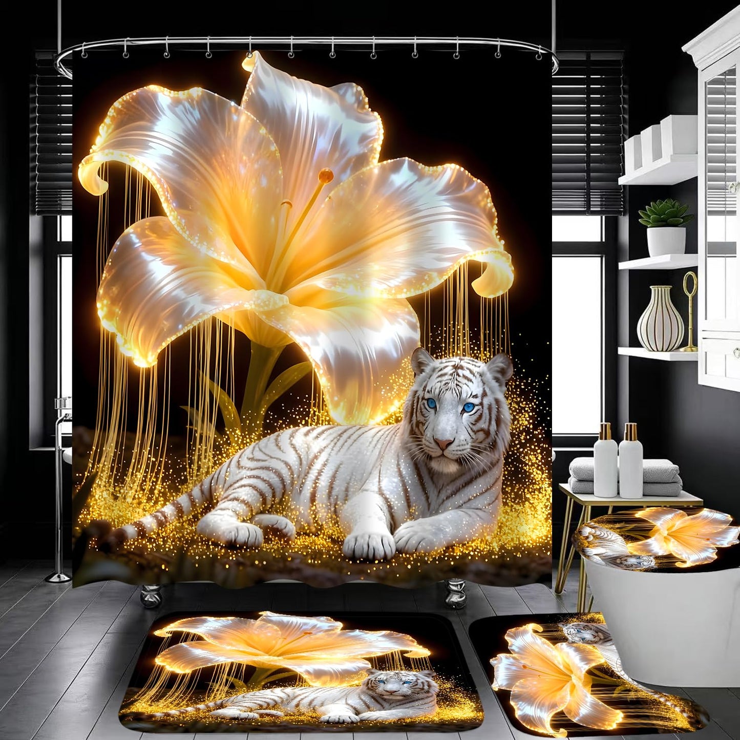 4 Piece Black and Gold Shower Curtain Set with Rugs, Majestic White Tiger & Glowing Golden Lily Floral Art, Luxury Waterproof Fabric Bathroom Decor, Non-Slip Bath Mats & Toilet Lid Cover