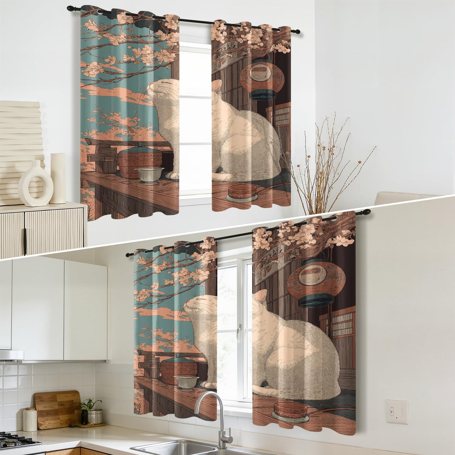Solvivae Cat Blackout Curtains 63 Inch Length, Japanese Cat Curtains for Bedroom Living Room, Room Darkening Thermal Insulated Grommet Drapes, Patterned Window Treatments