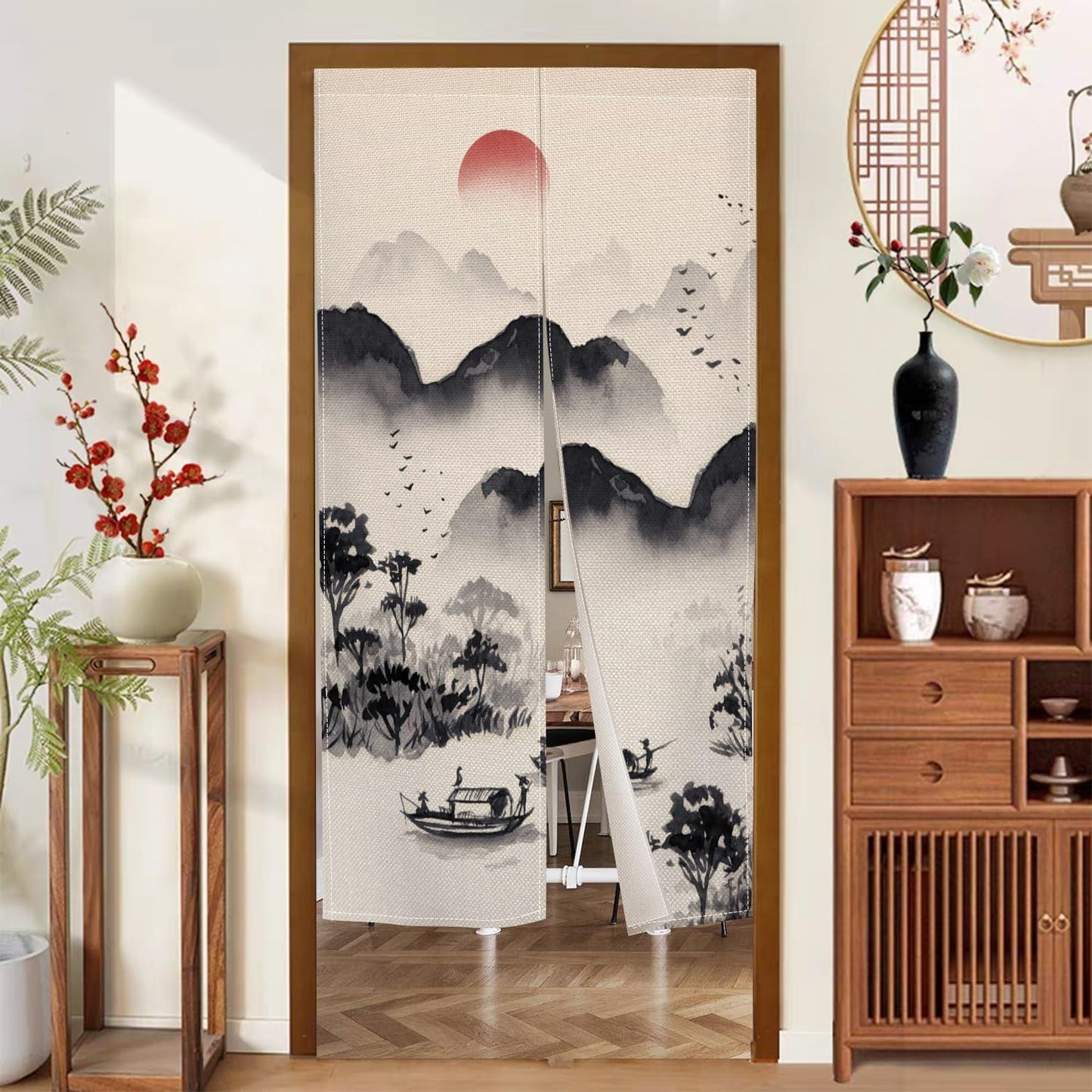 Leowefowa Chinese Ink Painting Doorway Curtain Mountain Boat Door Trapestry Feng Shui Window Treatment Hanging Japanese Noren Bedroom Divider Kitchen Door Asian Home Decor, 33.5"x 70.9"