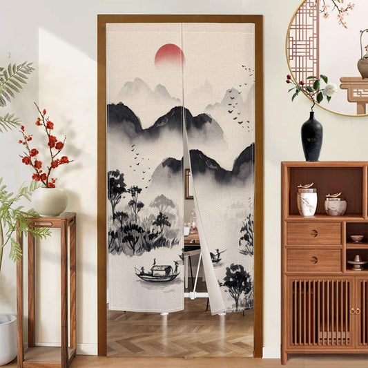 Leowefowa Chinese Ink Painting Doorway Curtain Mountain Boat Door Trapestry Feng Shui Window Treatment Hanging Japanese Noren Bedroom Divider Kitchen Door Asian Home Decor, 33.5"x 70.9"