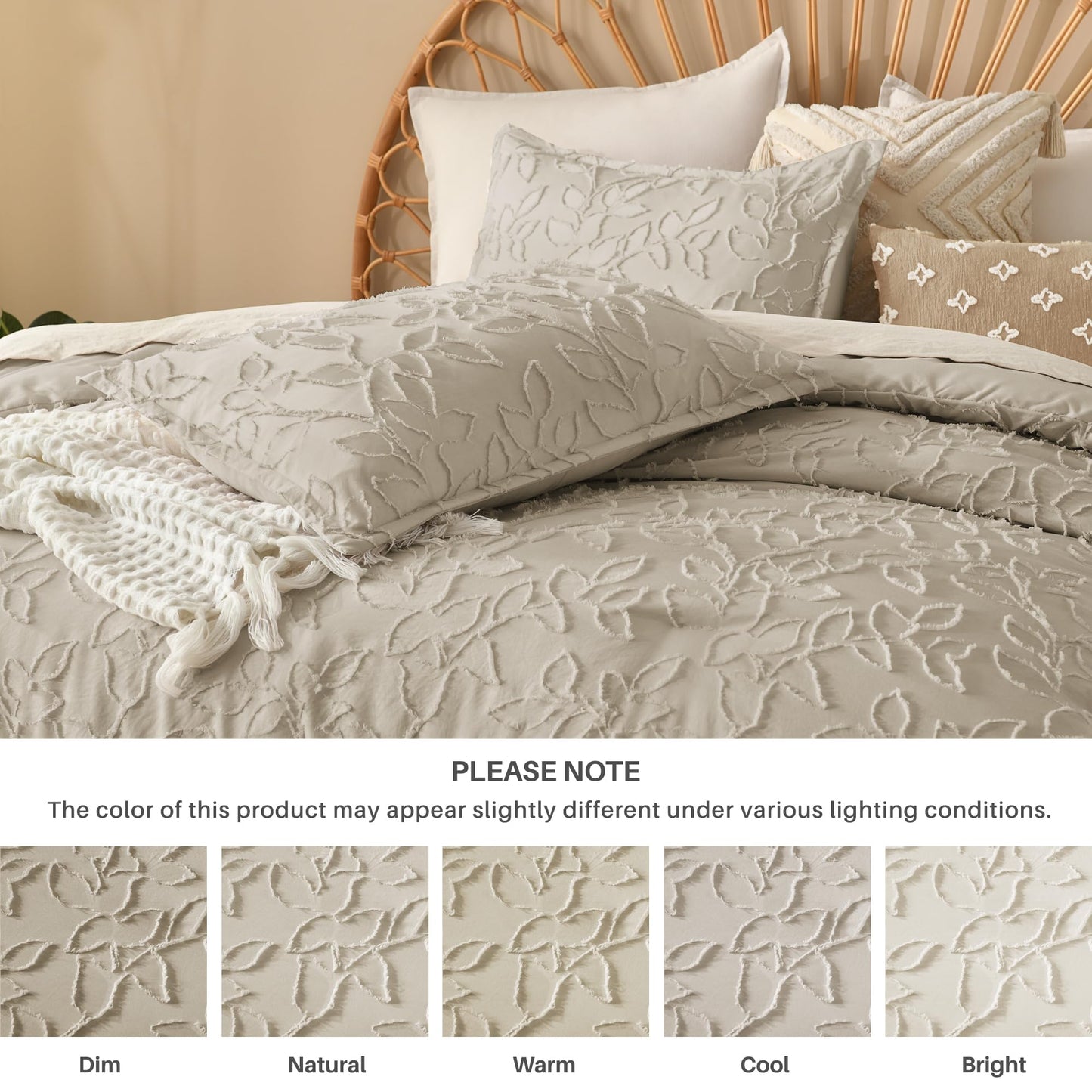 Litanika King Size Comforter Set Oatmeal, 3 Piece Khaki Boho Tufted Bedding, Beige Fluffy Farmhouse Bed Set for All Season with 2 Leaf Pattern Pillowcases（104x90In）