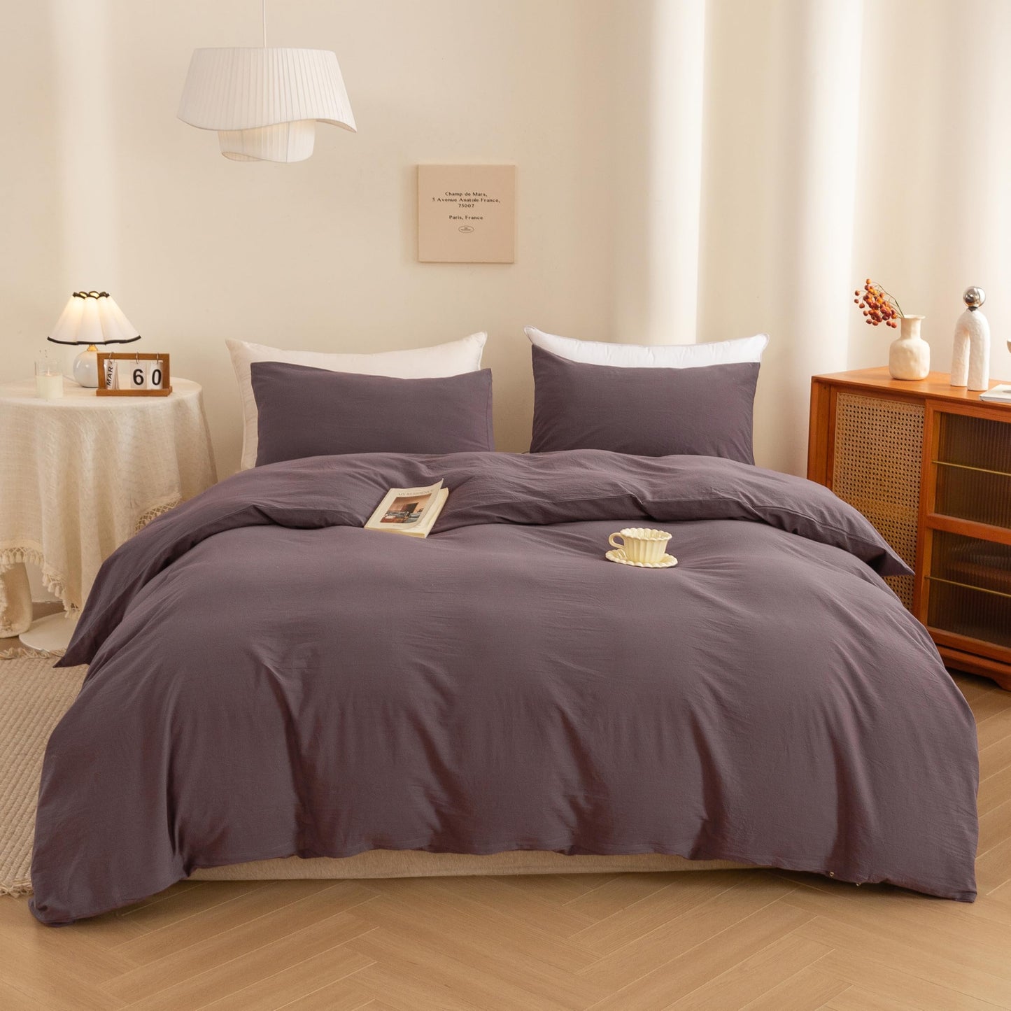 ECOCOTT Lilac Purple Duvet Cover Queen, 100% Washed Cotton 3 Piece Duvet Cover Sets 1 Duvet Cover with Zipper and 2 Pillowcases Bedding Set(Lilac Purple,Queen)