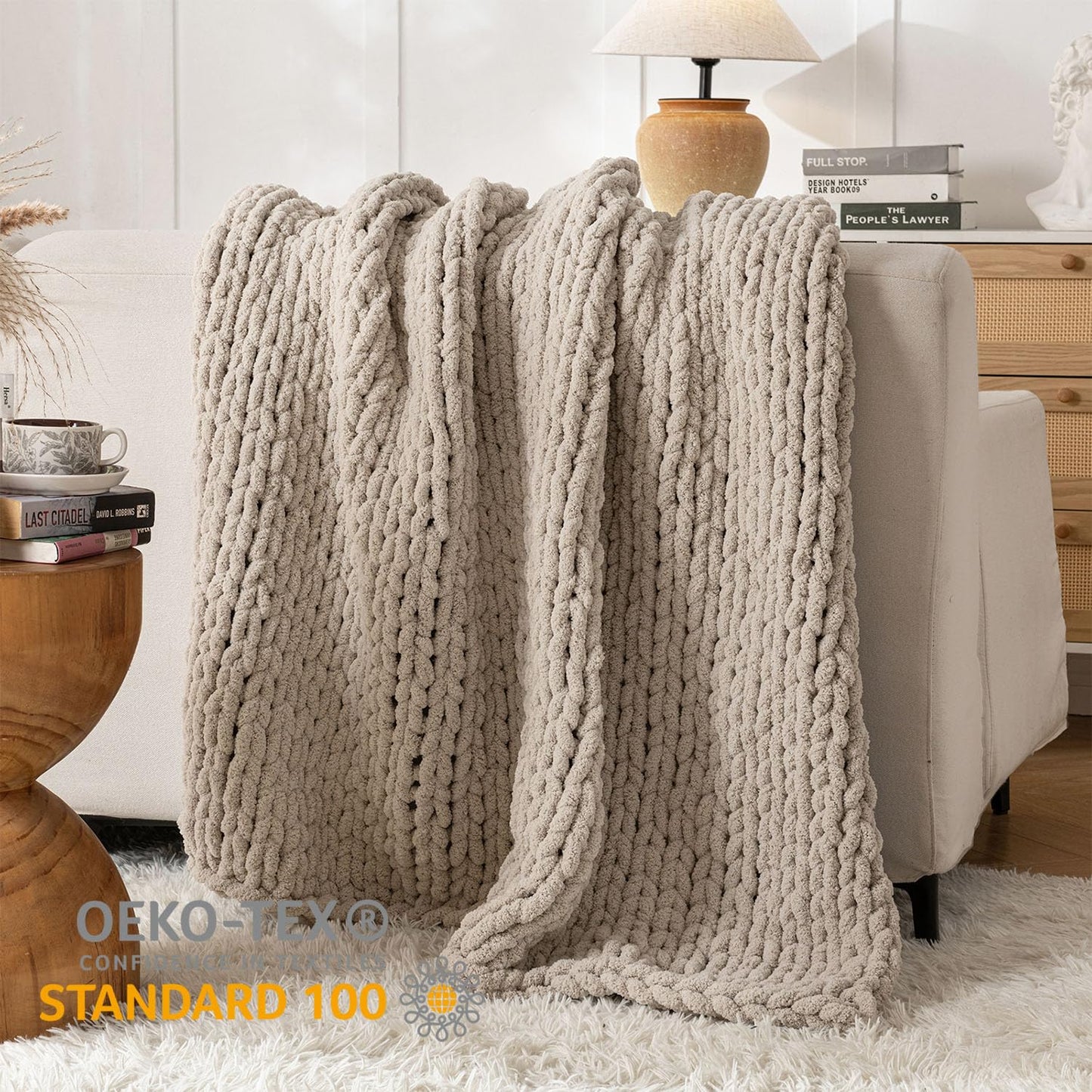 LAST MODA Chunky Knit Blanket Throw, 100% Hand Knit Throw Blanket Handmade Chenille Cable Knit Throw for Couch, Stylish Cozy Soft Rope Knot Crochet Blanket for Home Decor, Beige Linen, 50x60 Inches