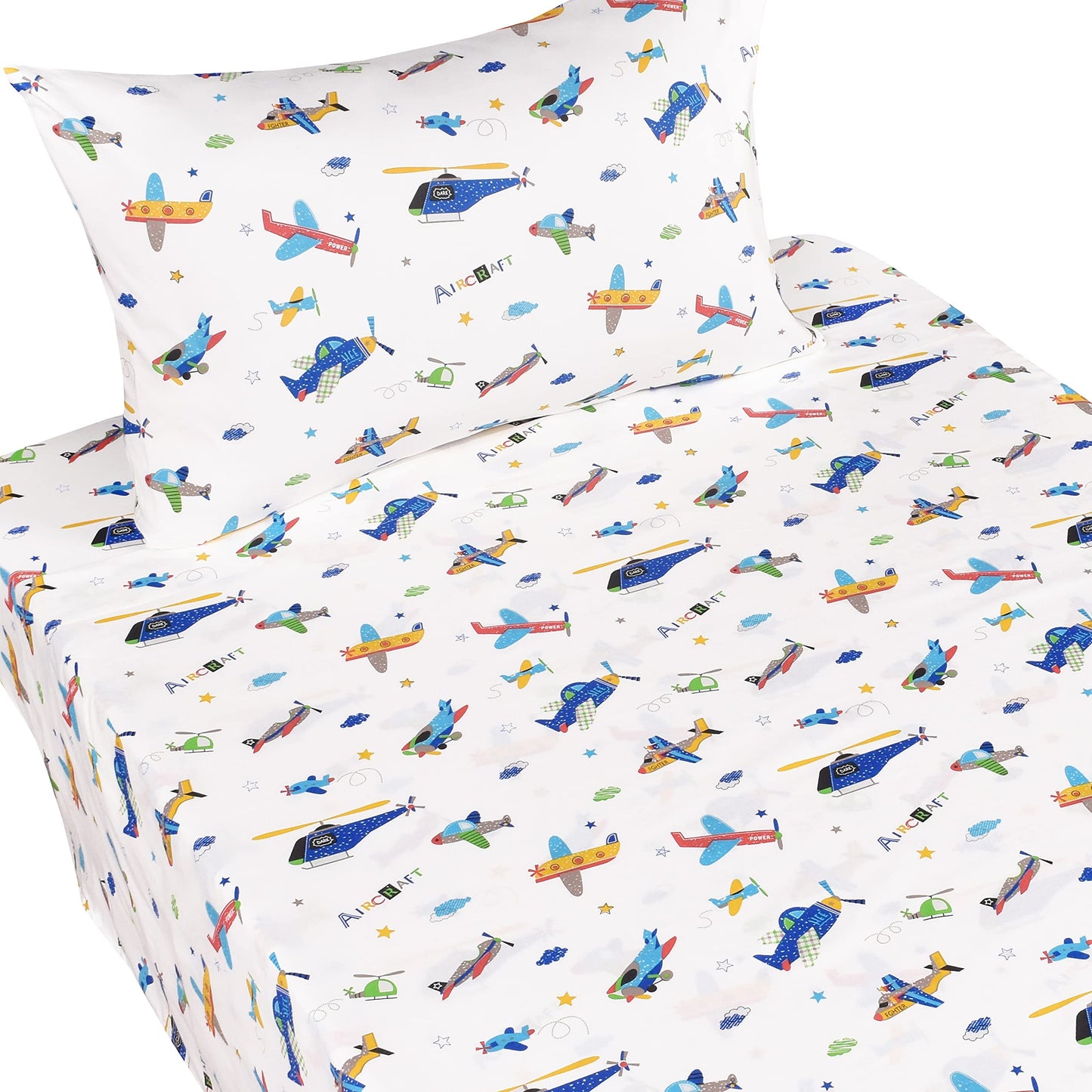 J-pinno Plane Airplane Aircraft Helicopter Cartoon Twin Sheet Set Bedroom Decoration Gift 100% Cotton Flat Sheet + Fitted Sheet + Pillowcase Bedding Set for Unisex Boys Girls (Airplane, Twin)