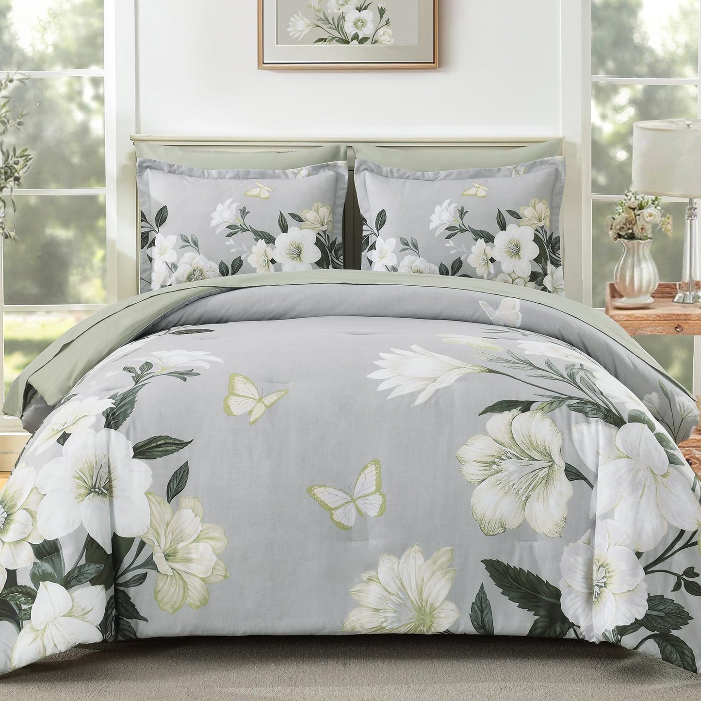 DHSFKBE Floral Comforter Set Queen Size,7 Piece Sage Green Bed in a Bag, Elegant Flower Pattern Comforter Set with Sheet, Soft Microfiber Complete Bedding Sets for All Season