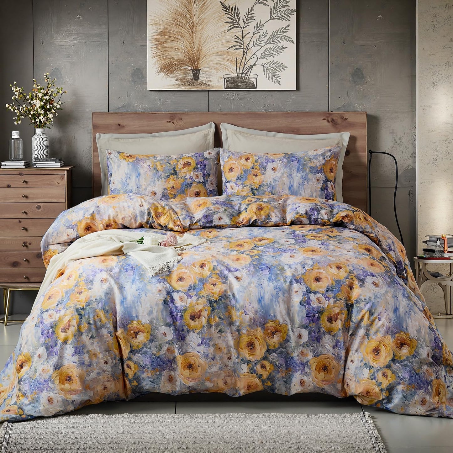 Cozaline 100% Cotton Duvet Cover King Size – Impressionist Natural Yellow & Blue Floral Duvet Cover Set with Zipper Closure, 3-Piece Soft Breathable Durable Percale Cotton Bedding Set for All Seasons