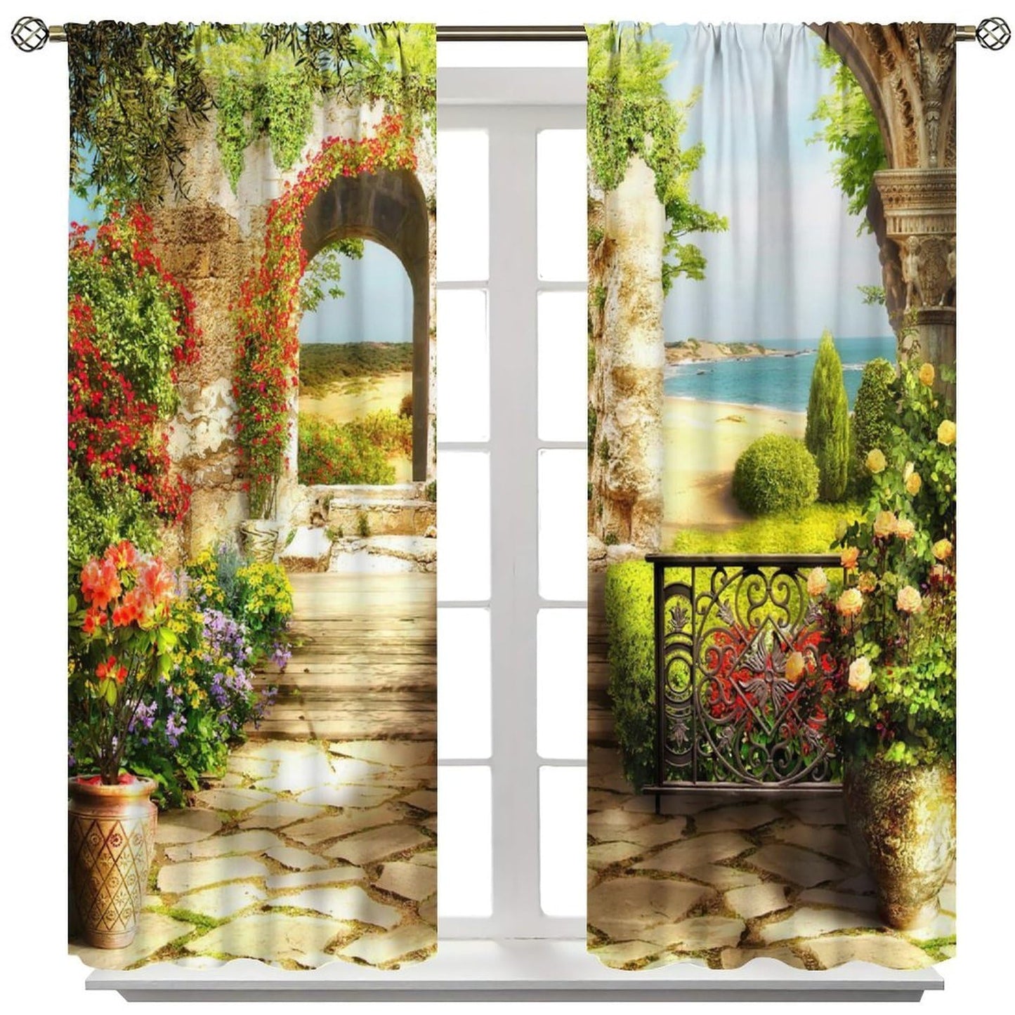 AuiMzoo Beautiful Landscape Decor Curtains, Old Stone Arch Seaview Balcony Garden Botanical Art Theme for Bedroom Living Room Curtains42X45 Inch