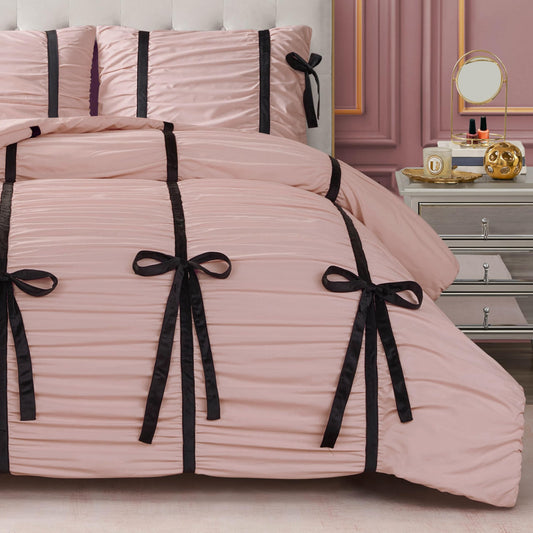 Juicy Couture Light Pink Amelie Velvet Bows Ruched King Comforter Set - 3 Piece Stylish Bedding Ensemble