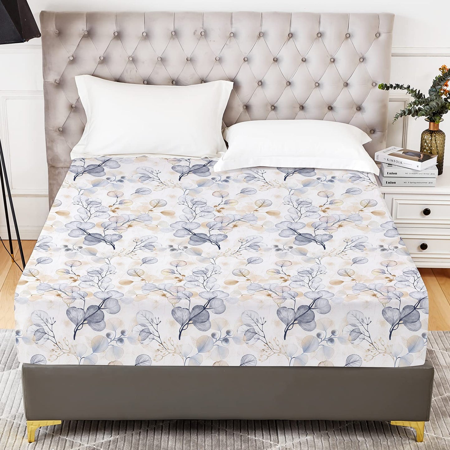 YIYEA Floral Fitted Sheet Only, Premium Double Brushed Microfiber Deep Pocket Fitted Sheet Queen Size, Ultra Soft Fitted Bottom Sheet, Shrinkage, Fade Resistant, Queen