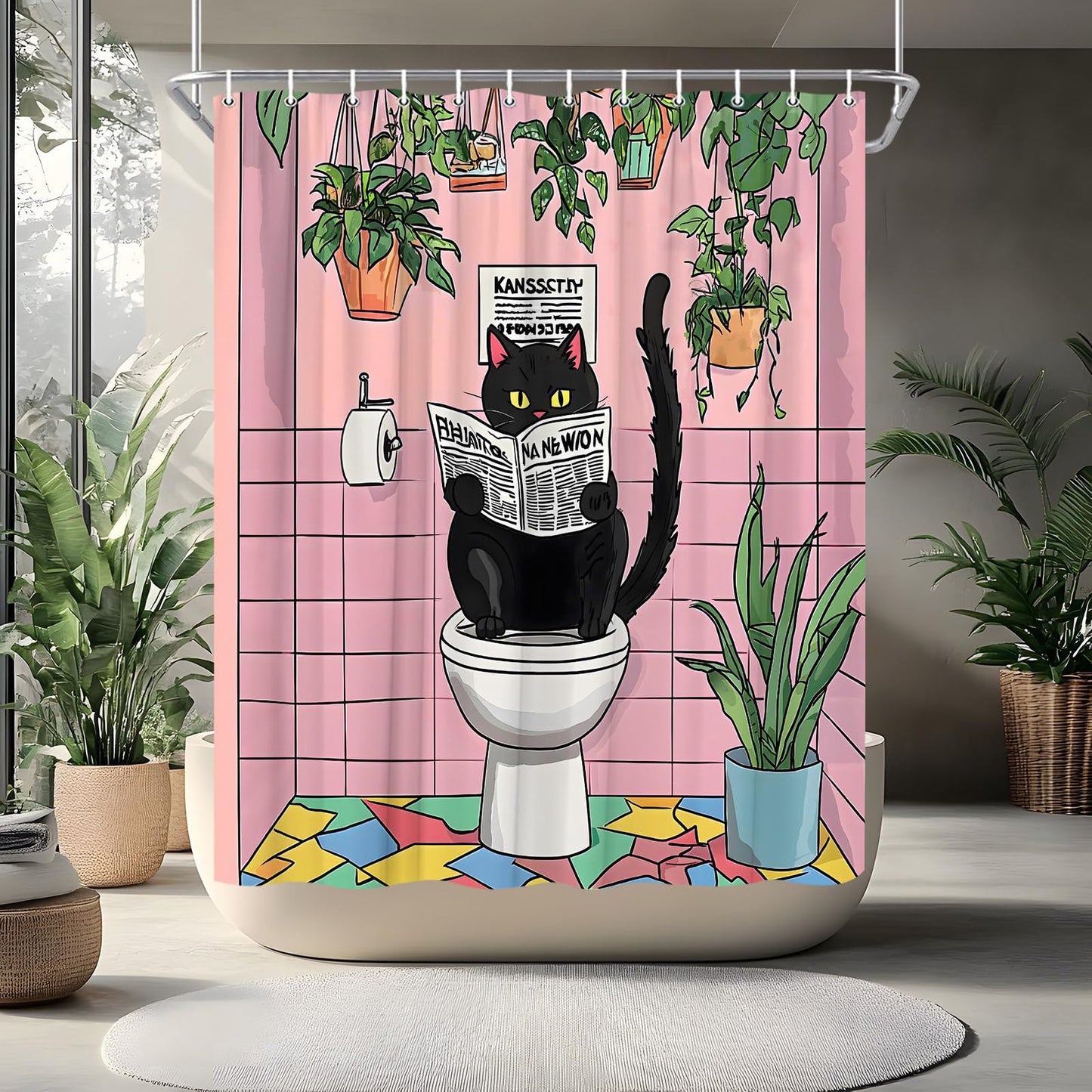 Funny Black Cat Shower Curtain, Tropical Plant Pink Green, 70"W x 70"L