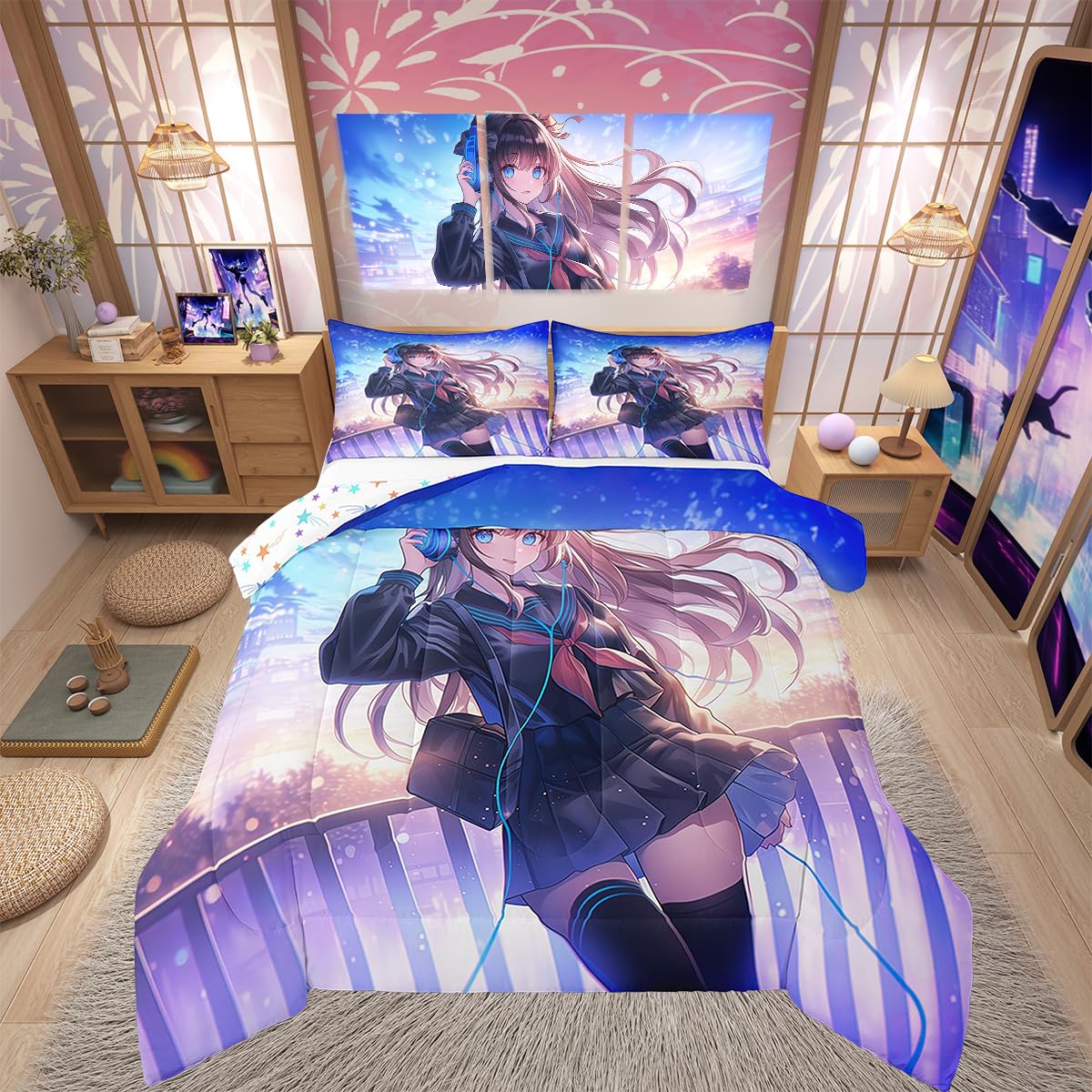 Erosebridal Anime Girl Bedding Set Full Size, Japanese Anime Comforter Set for Kids Boys Teens Bedroom Decor, Cartoon Girl Duvet Insert Kawaii Japanese Animation Quilt with 2 Pillow Cases