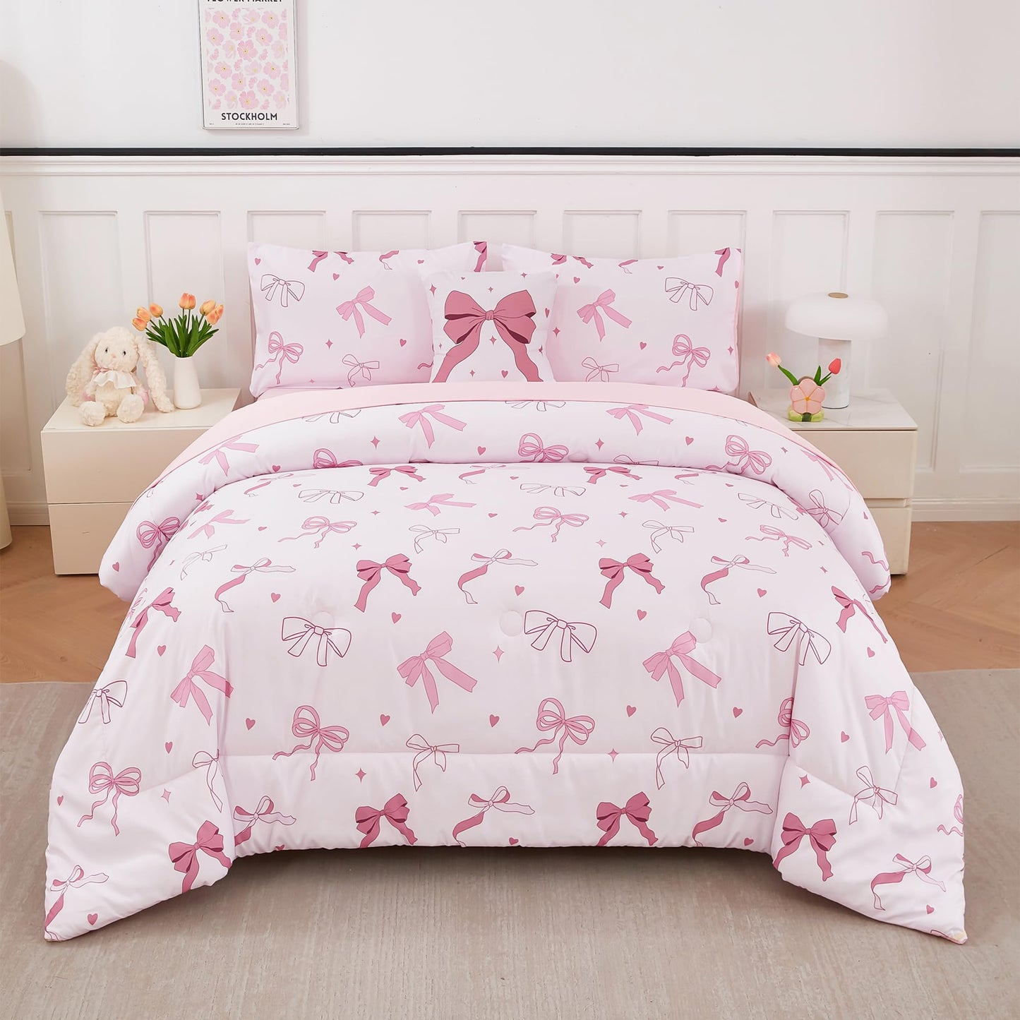 ANGIYUIN Pink Bow Full Size Comforter Sets, Ribbon Bow Knot Girls Bedding Set, 6 Pieces Lover Hearts Stars Kids Bed in a Bag with Sheets(Bow Full)