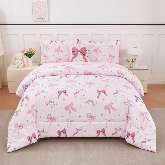 ANGIYUIN Pink Bow Full Size Comforter Sets, Ribbon Bow Knot Girls Bedding Set, 6 Pieces Lover Hearts Stars Kids Bed in a Bag with Sheets(Bow Full)