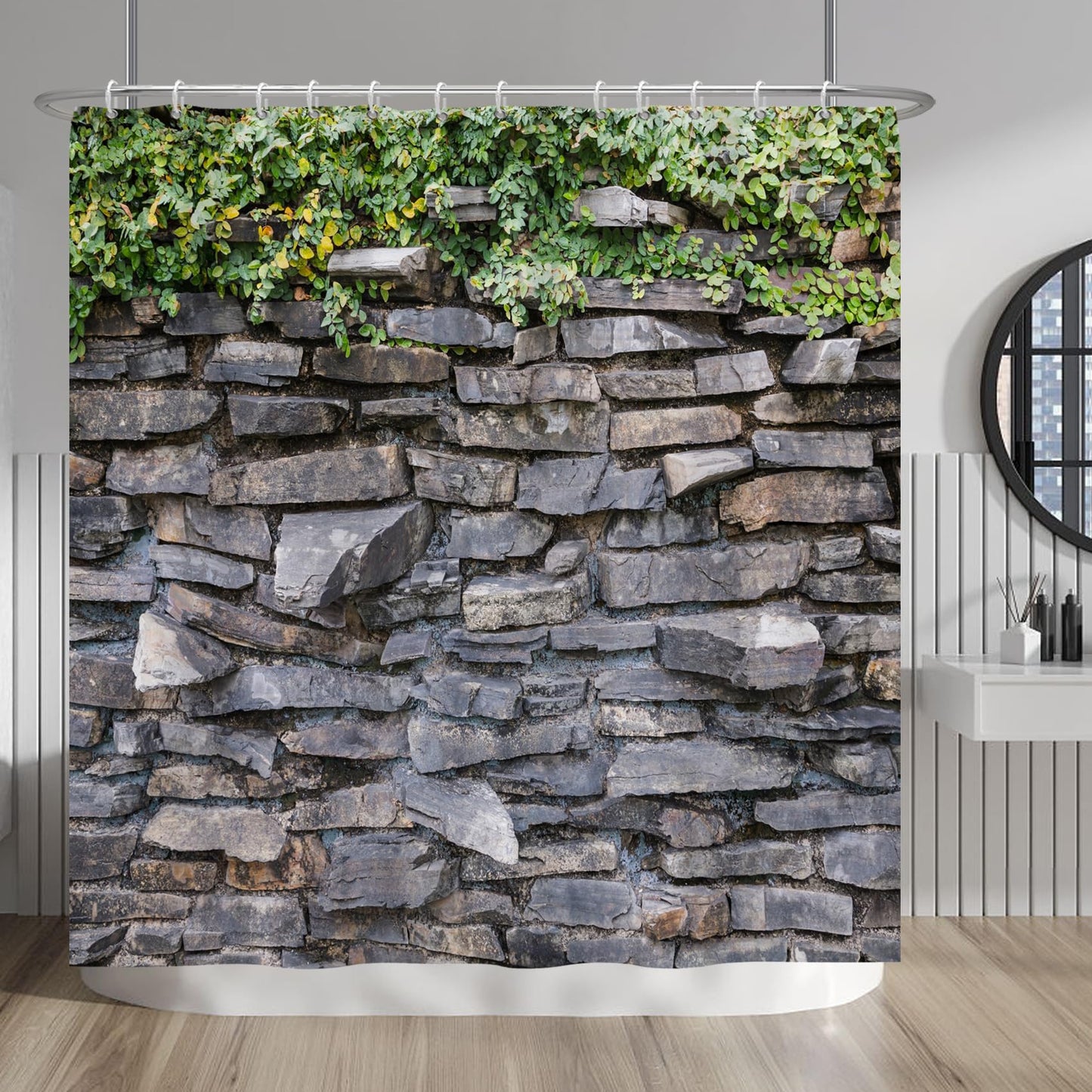 Baocicoo Rocks Stone Brick Wall Shower Curtain Green Leaves Garden Landscape Nature Plant Shower Curtains for Bathroom Rustic Family Bathtub Waterproof Curtain for Bathroom with Hooks 72x72 Inches