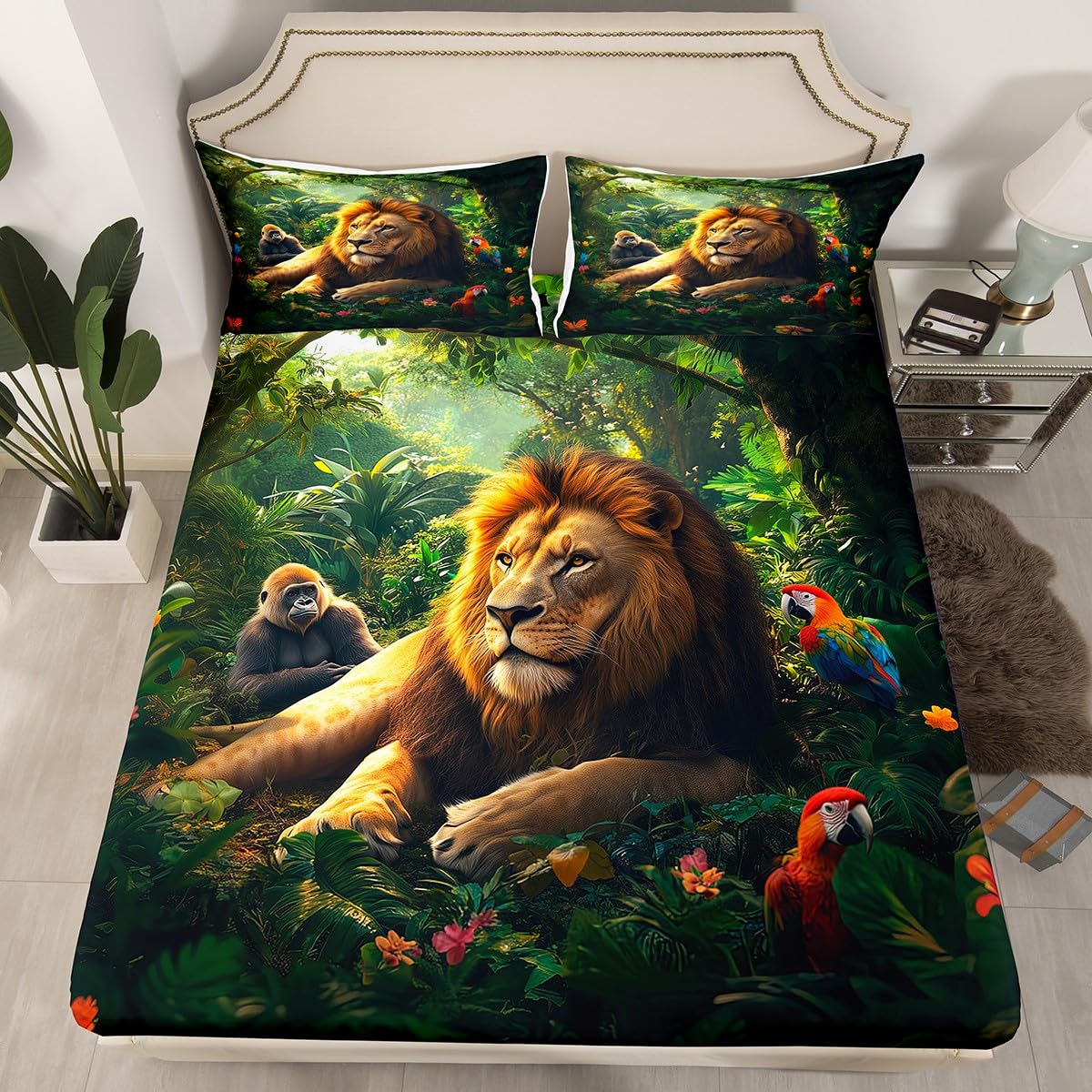3D Lion Bedding Sets Full Size,Gorilla Parrot Bed Sheets 4Pcs,Tropical Jungle Trees Floral Fitted Sheet for Kids Boys Girls Adult Room Decor,Nature Wild Animals Top Flat Sheet,2 Pillowcases