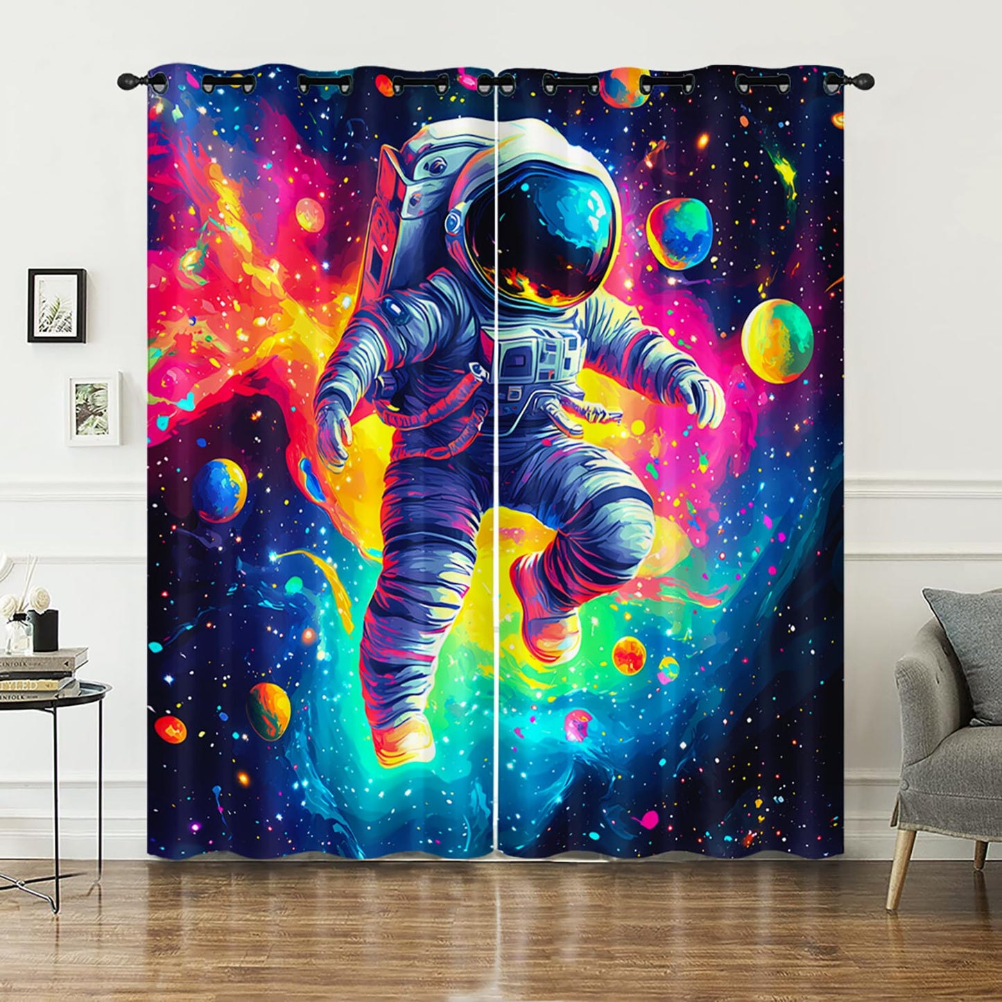 AILONEN 3D Astronaut Curtains for Kids Bedroom, Outer Space Galaxy Window Drapes for Boys Girls, 52" W x 84" H Blue Black Space Theme Grommet Curtains 2 Panels