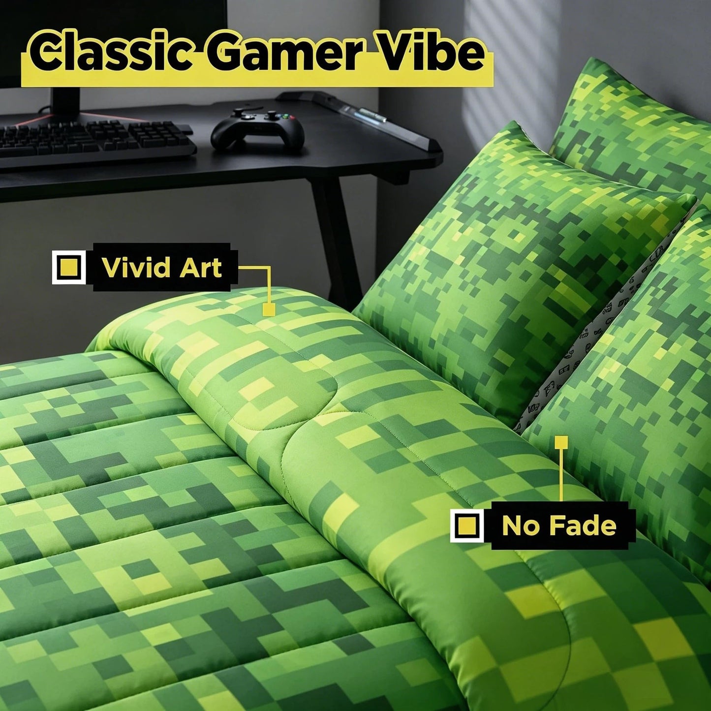 Feelyou Pixel Theme Twin Comforter Set with Sheets for Kids Boys Girls Geometric Square 7 Pieces Bedding Set Gamer Bed in a Bag Mosaic Room Decor Green Soft Lightweight Microfiber