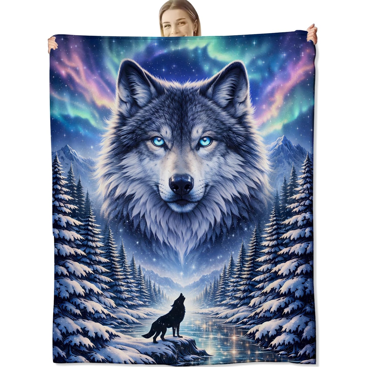 cromcu Wolf Blanket for Nature Lovers and Animal Fans, Northern Lights Wildlife Flannel Blankets, Wolf Art Gifts, Soft Warm Cozy Throws for Sofa Couch Bed Living Room Bedroom Home Decor 60" x 50"