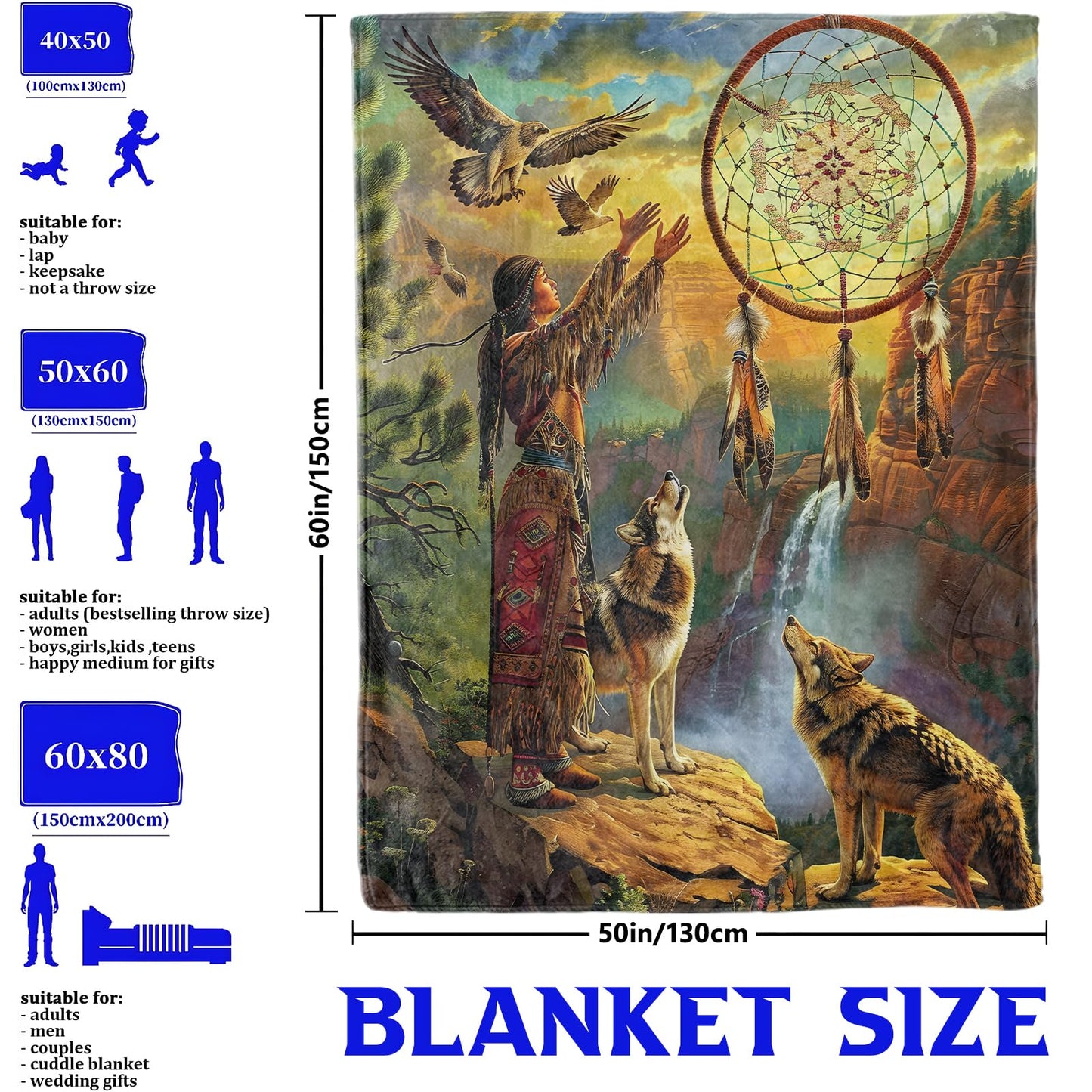 Native American Dreamcatcher Throw Blanket for Boys Girls Kids Adults Women, Fuzzy Warm Soft Cozy Flannel Blankets Gifts for Bedroom, Couch, Travel, Home Decor 50x60 in