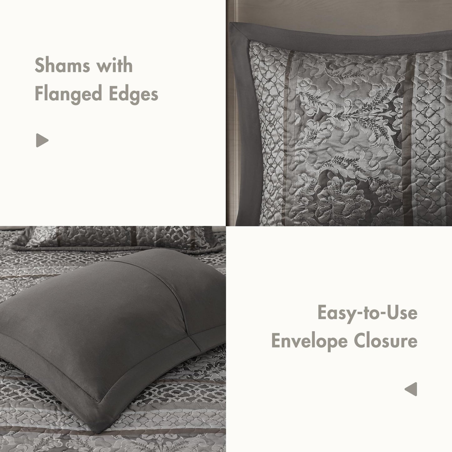 Madison Park Traditional Damask Design All Season, Lightweight Coverlet Bedspread Bedding Set, Matching Shams, Pillows, (120"x118"), Bellagio, Jacquard Grey, 5 Piece