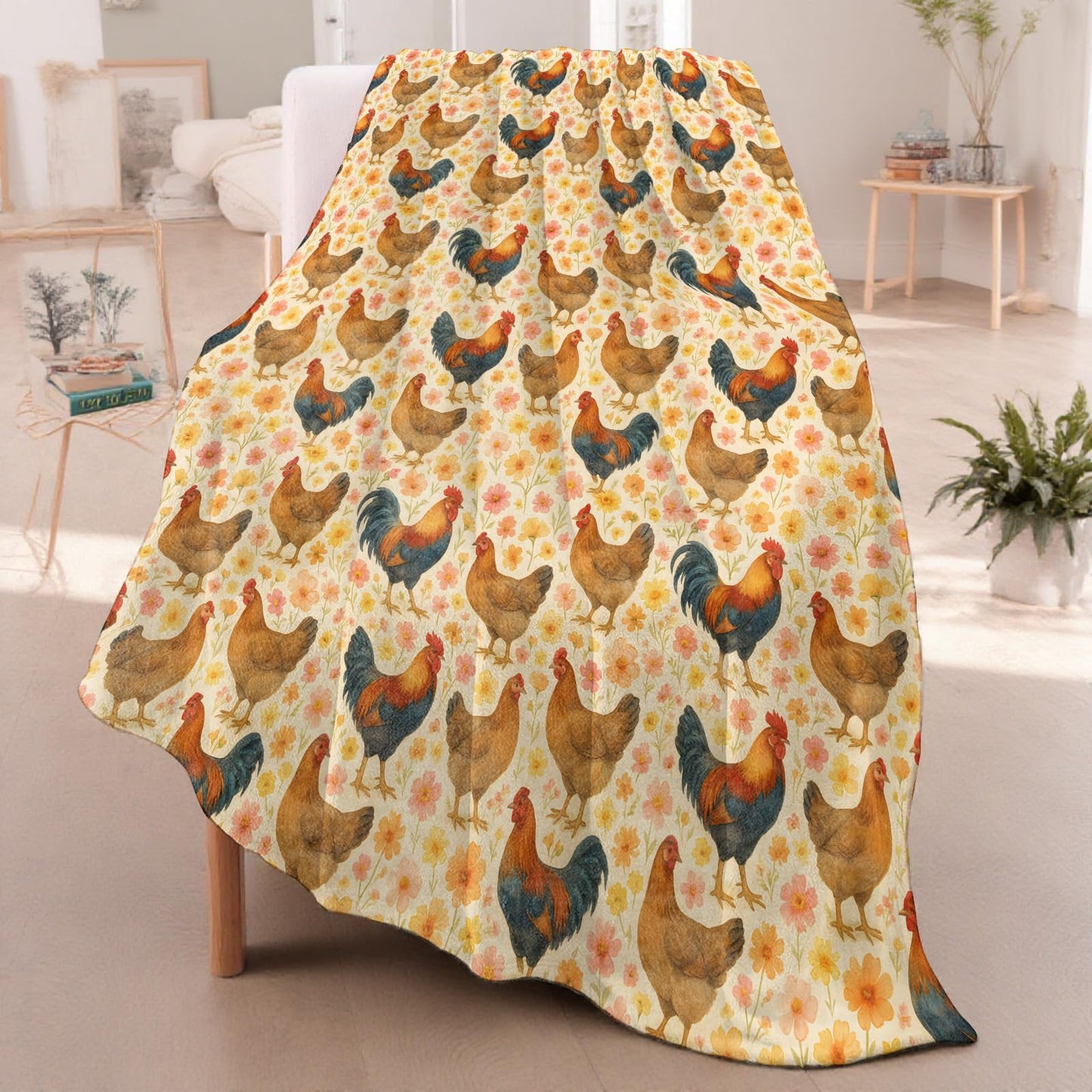 Rooster and Hen Pattern Throw Blanket for Boys Girls Kids Adults, Cozy Farm Animal Chicken Theme Flannel Blankets Gifts for Camping, Bedroom, Couch, Room Home Decor, 50"x60"
