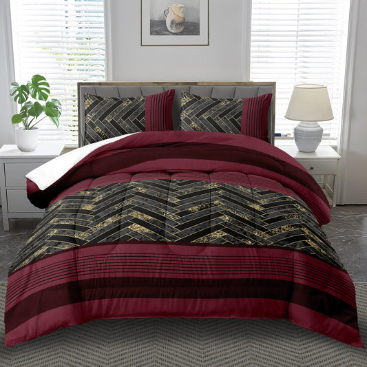 llyxsesty Dark Red Striped Comforter Set Queen,Dark Red Striped Bedding Set Queen,Vintage Comforter Boho Room Decor for Bedroom,Shabby Chic Bedding Boho Room Decor,Vintage Floral Quilt for Adults