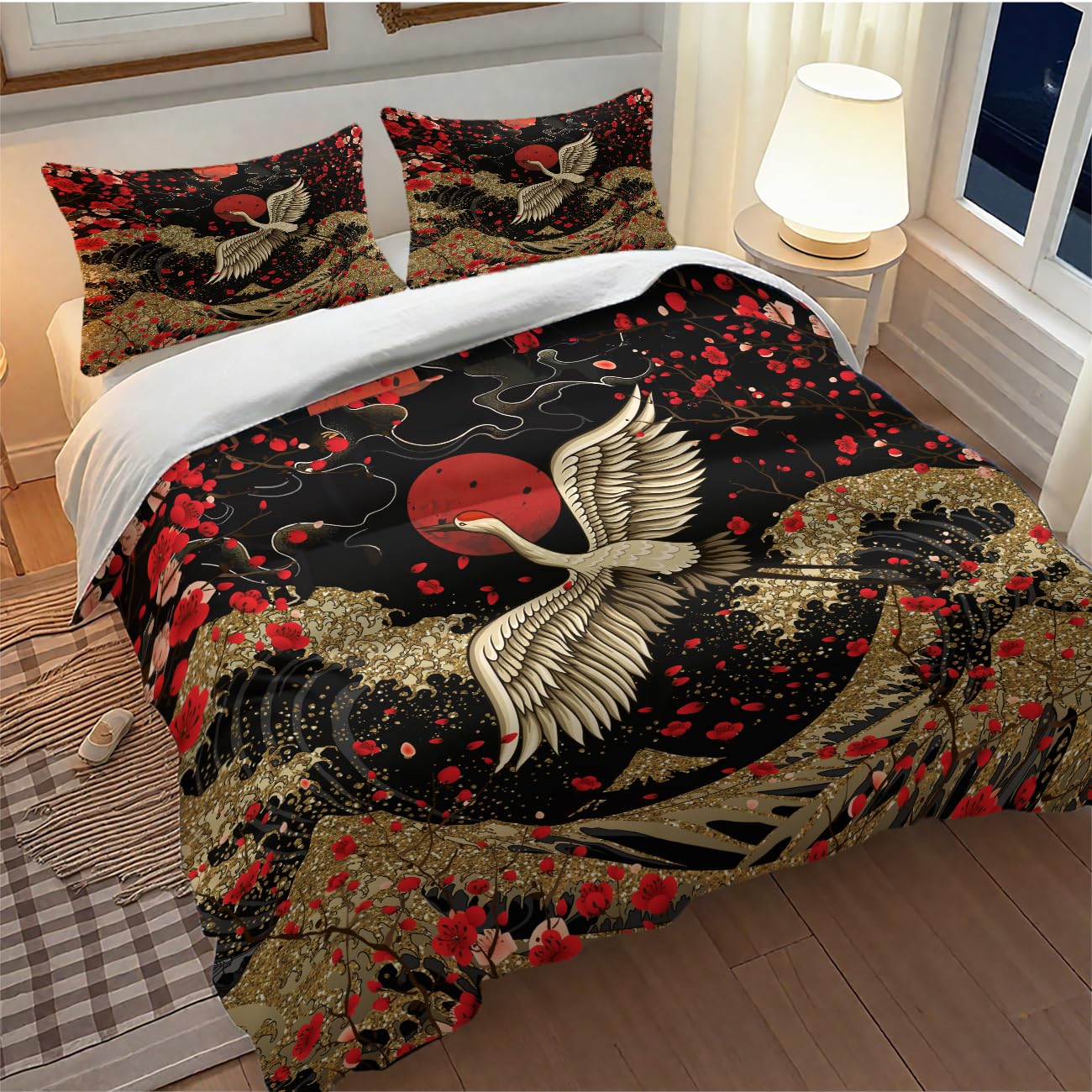 Lnepty Japanese Comforter Set,Red Plum Cherry Blossom Floral Asian Ink Painting Crane Gold Great Wave Japanese Style Bedding Set with Pillowcase for Bedroom Bed Decor,Twin 86"x70"