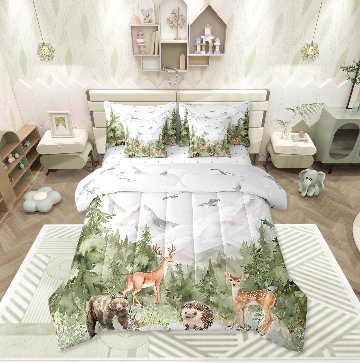 Erosebridal Giant Mountain Forest 7 Piece Comforter Set Twin Woodland Deer Bear Hedgehog Birds Bedding Set Jungle Wild Animal Pine Trees Comforter Wildlife Hunting Botanical Sheets for Kids Boys