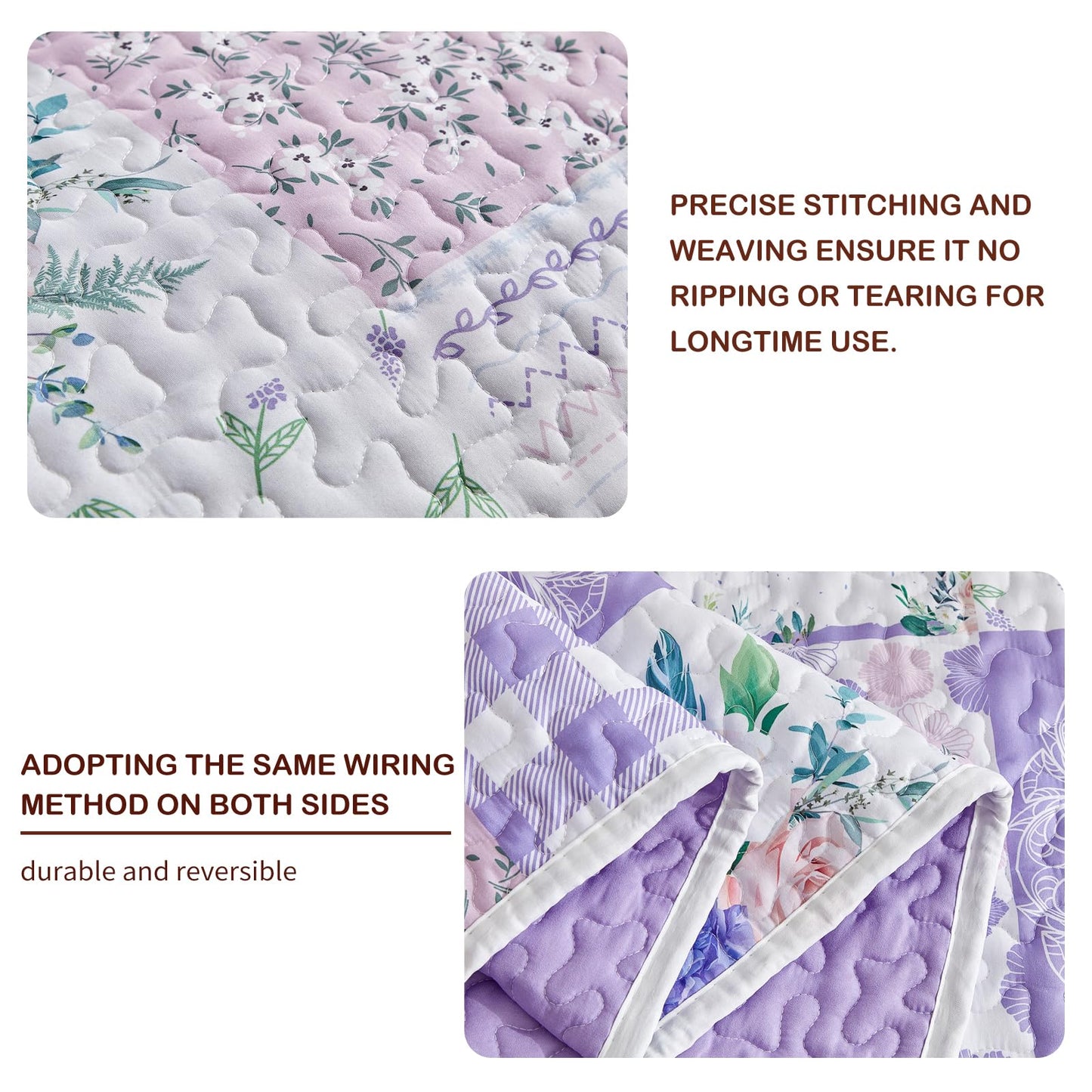 Joyreap 3 Pieces Floral Quilt Set Queen, Patchwork Purple n Pink Flowers Design, Smooth Soft Microfiber Quilt, Bedspread Bed Cover for All Season, 1 Quilt and 2 Pillow Shams- 90x90 inches